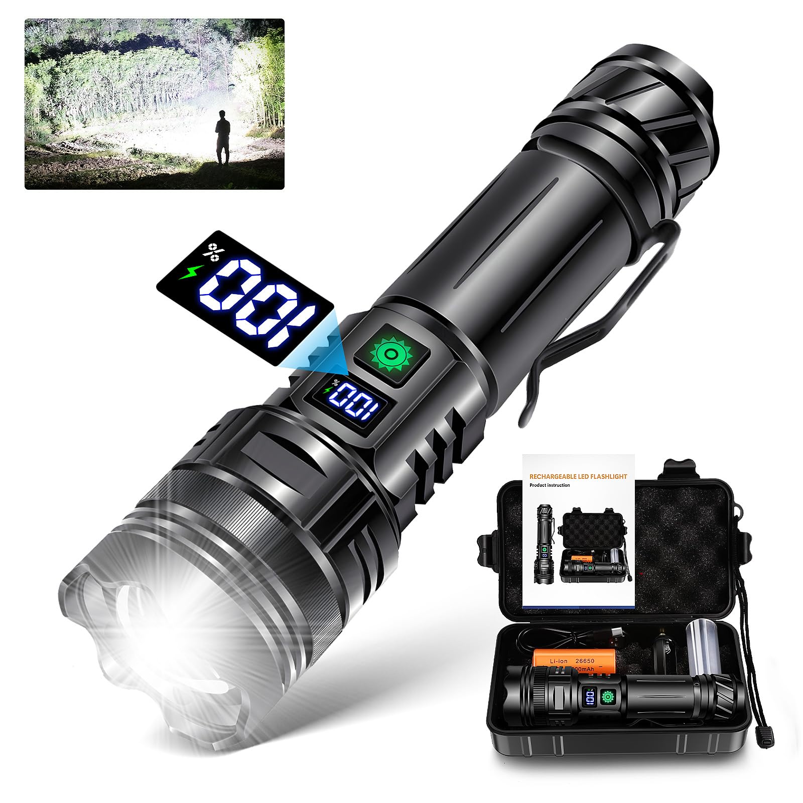 Bikacu Flashlights Rechargeable 1200000 High Lumens, 1500M Long Beam Led Handheld Flashlights, Super Bright Tactical Flashlight With Power Display & Ipx6 Waterproof Led Flash Light For Camping Hiking