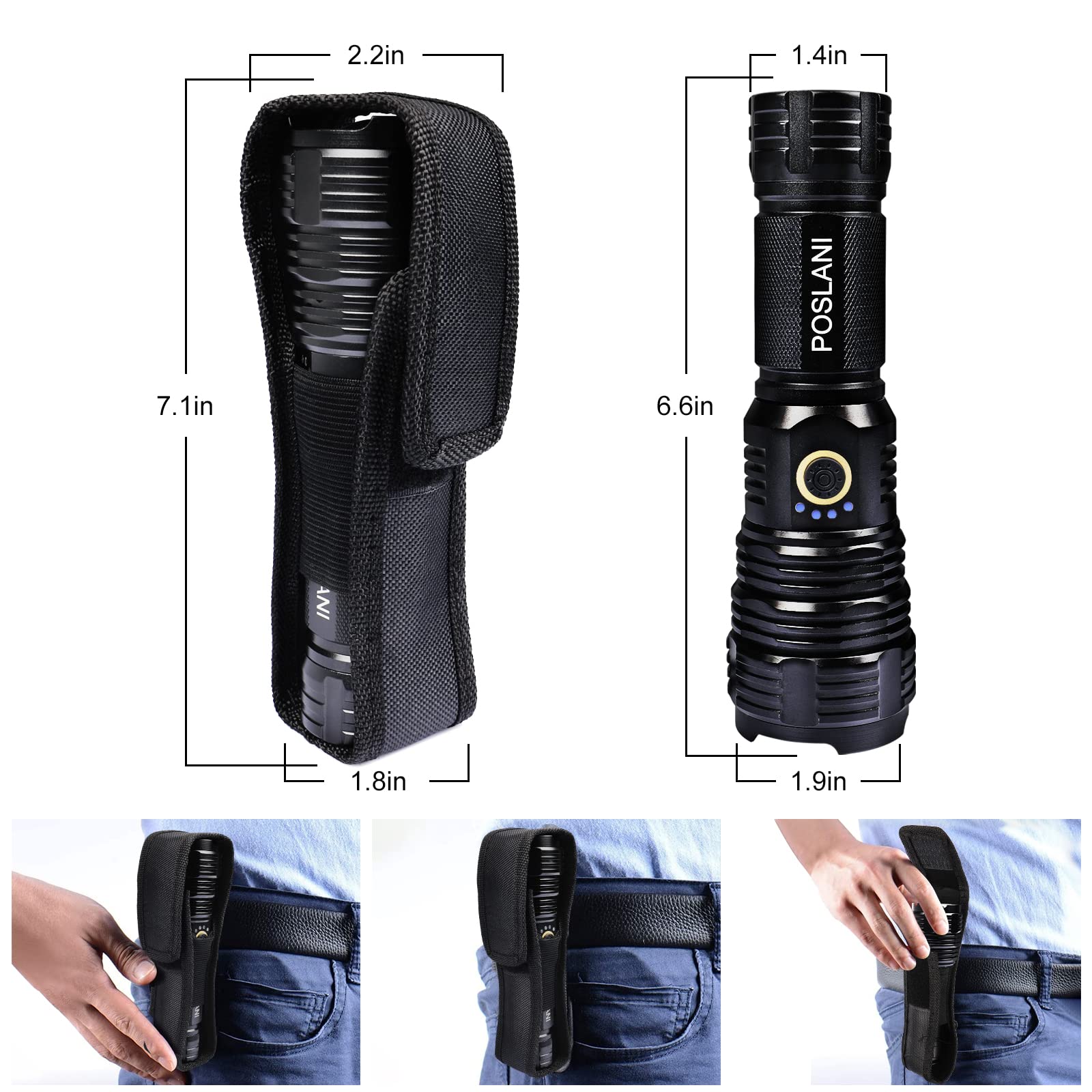 Poslani Flashlights Led High Lumens Rechargeable, Extremely Bright 50000 Lumens Flashlight, Ipx67 Water Resistant, 5 Light Modes, Zoomable Tactical Flashlight For Emergency Camping