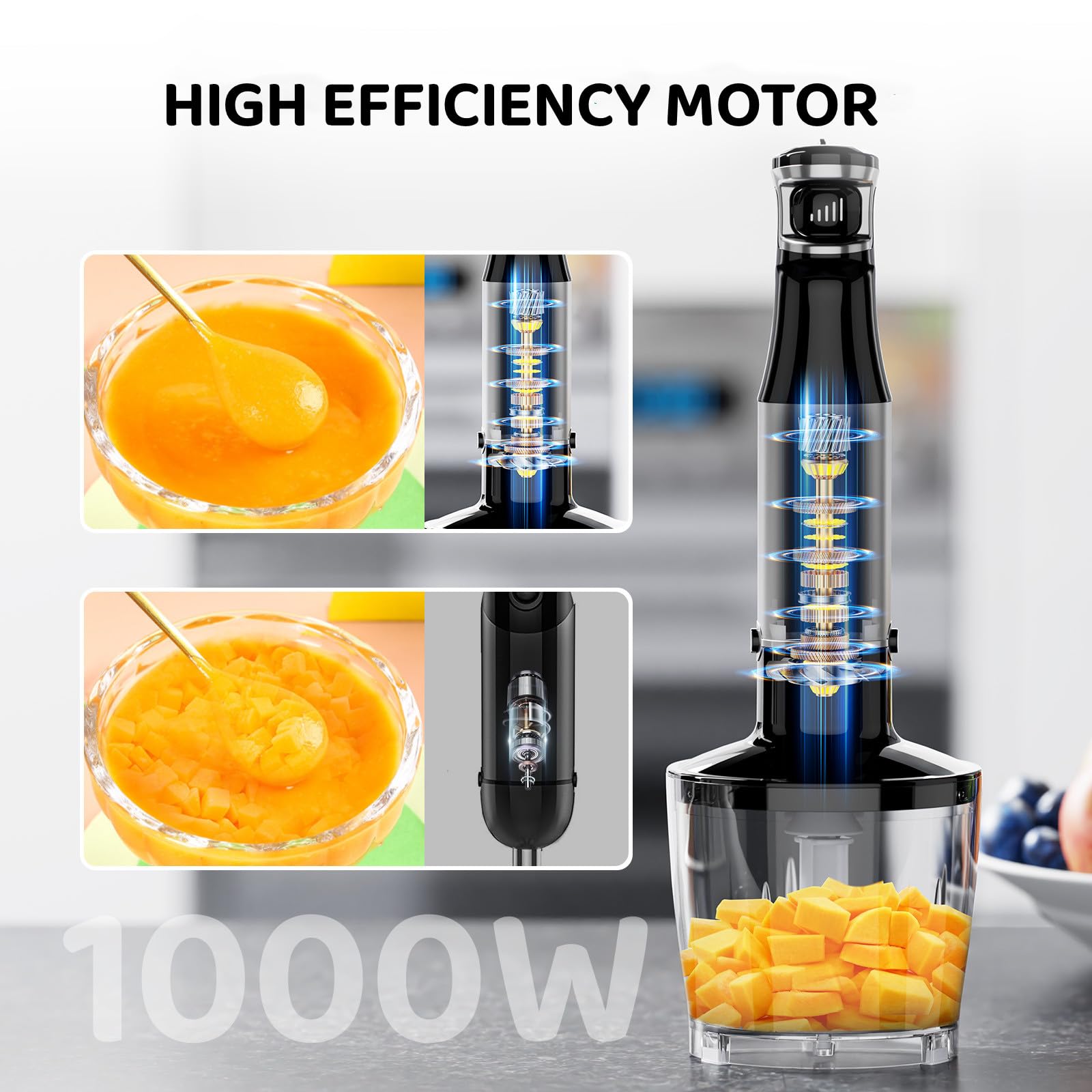 Uniqus 5-In-1 Hand Blender 1000W Immersion Hand Blender Trigger Control Stainless Steel Stick Blender With Chopper, Whisk, Milk Frother Perfect For Soup, Smoothie, Puree, Baby Food