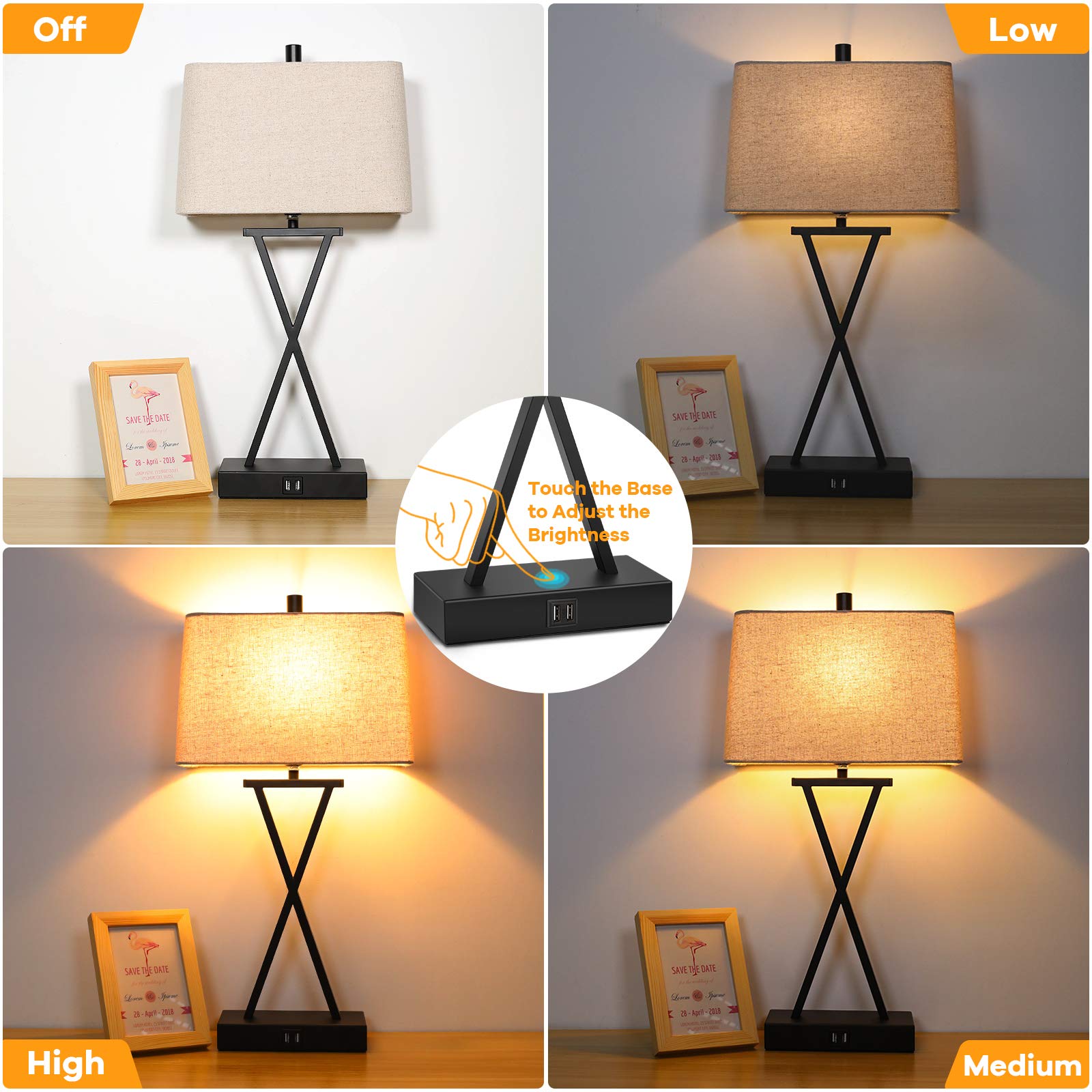 Bosceos Set Of 2 Touch Control 3-Way Dimmable Table Lamp Modern Nightstand Lamp With 2 Usb Port Bedside Desk Lamp With Fabric Shade For Living Room Bedroom Hotel, Cream, Bulbs Included