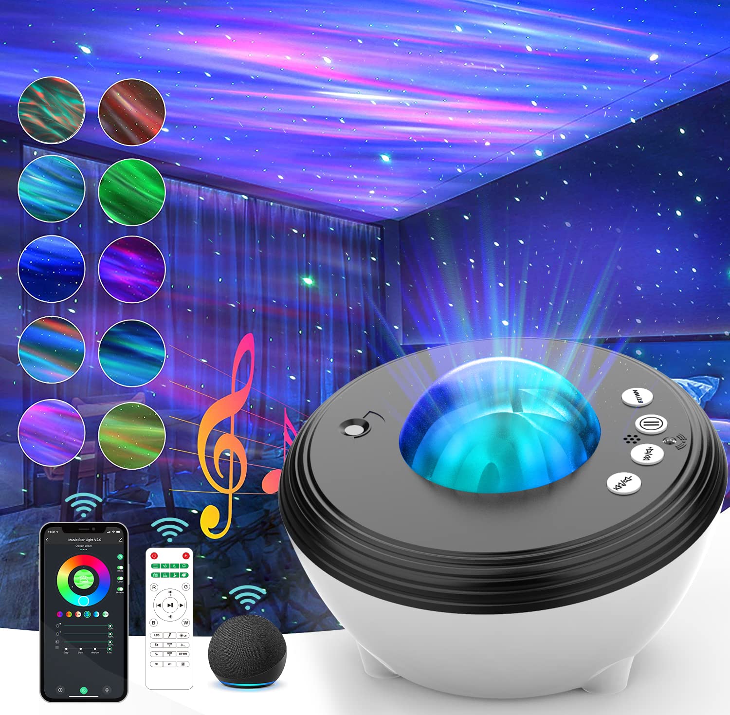 Syslux Aurora Projector,Northern Lights Star Projector Bluetooth Speaker/Timer/Remote,White Noise Night Light Galaxy Projector Works With Alexa & Smart App Star Light For Ceiling Bedroom Decor Kids Adults