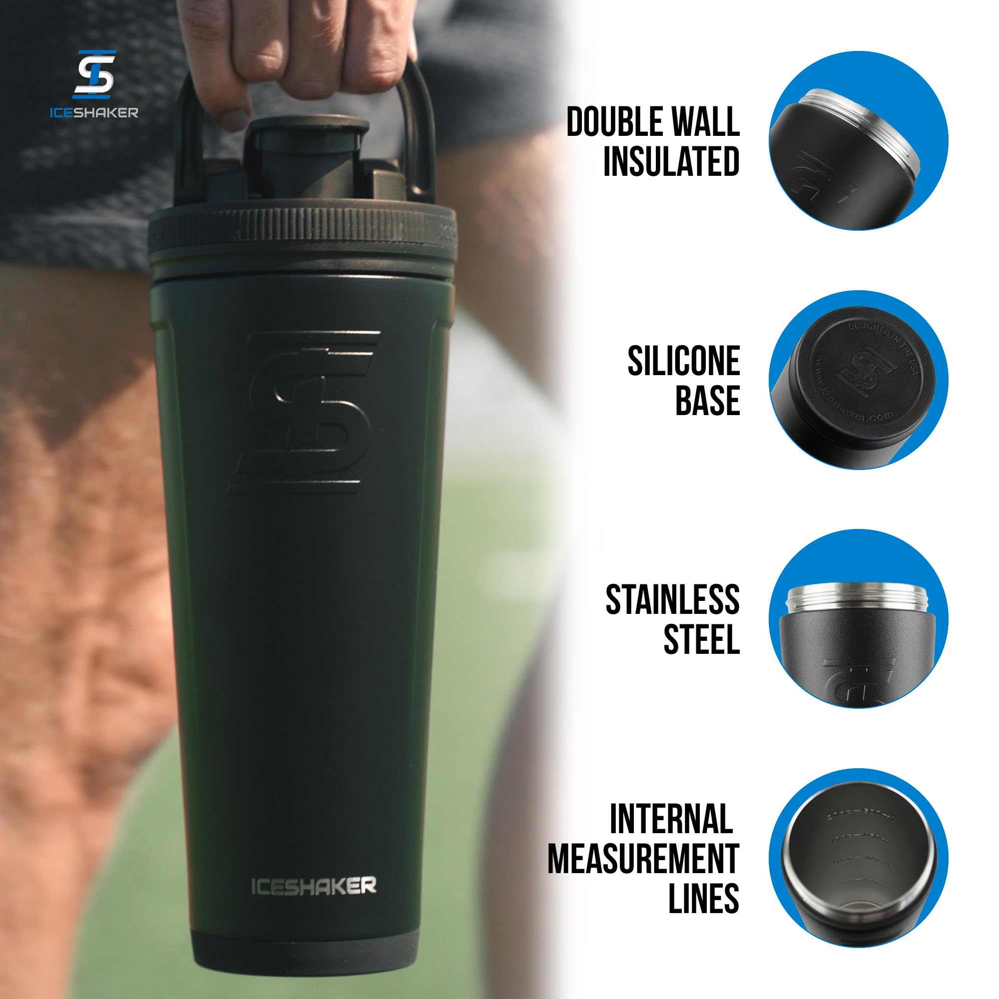 Ice Shaker Insulated Stainless Steel Shaker Bottle  36Oz, Black  Cold For 30+ Hours