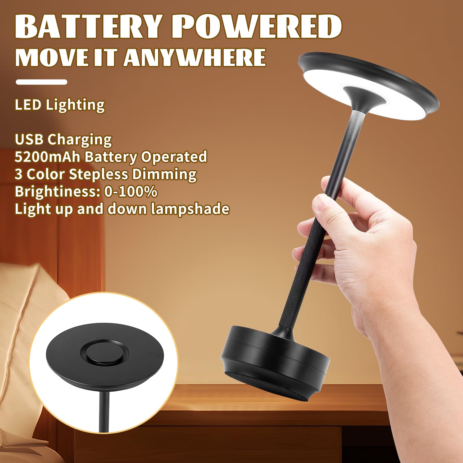 Baishezhuan Rechargeable Cordless Led Table Lamps Touch Sensor Light, 3-Levels Portable Dimming Wireless Battery Operated Lamp，Nightstand Lamp/Night Light/Restaurant Table/Outdoor/Coffee/Bar (Black)