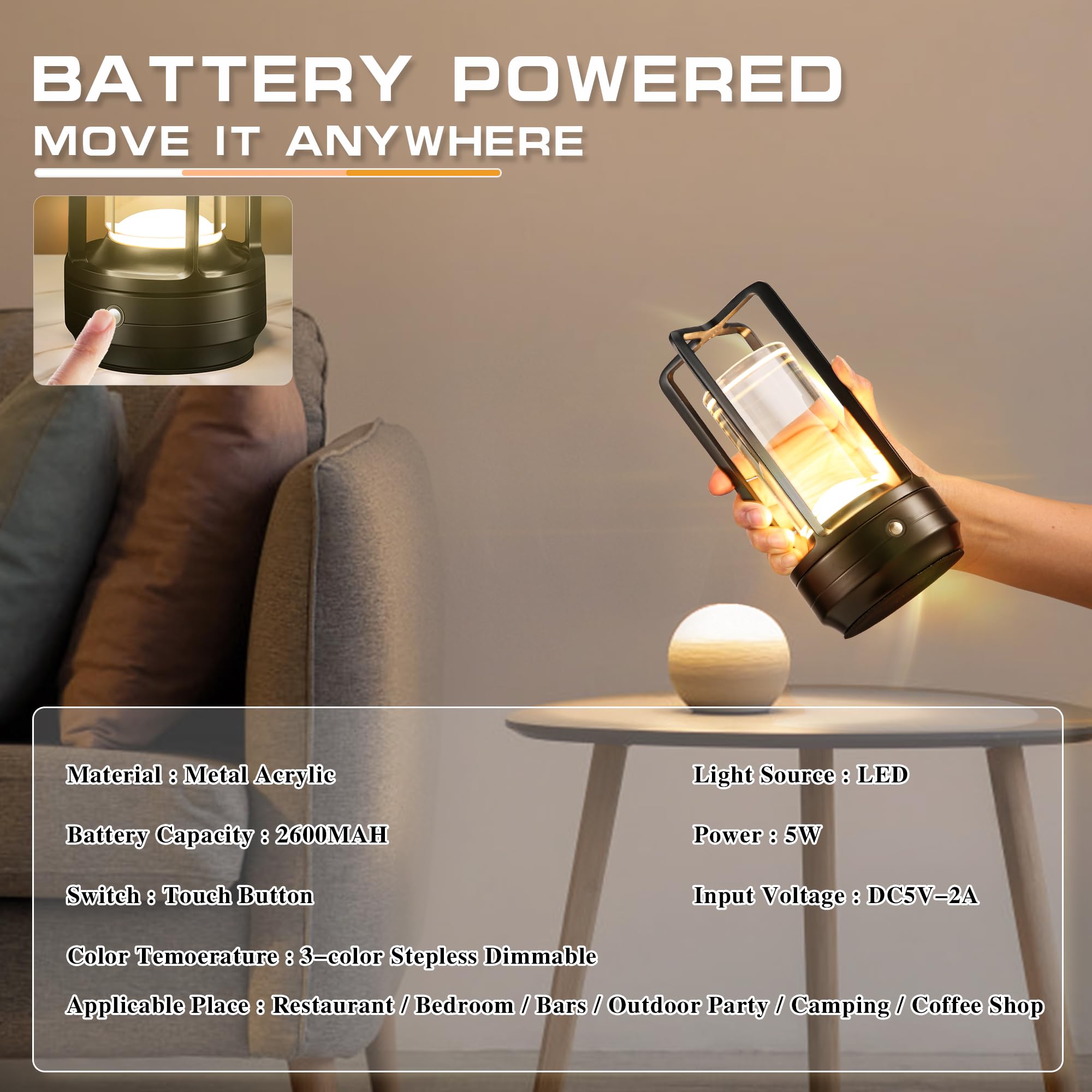 Idong Portable Cordless Table Lamp，Led Desk Lamp With Touch Control，3-Colour Infinitely Dimming Rechargeable Battery Powered Dimming Led Lighting For Strange/Restaurant/Bedroom/Bar/Outdoor Party（ Black）