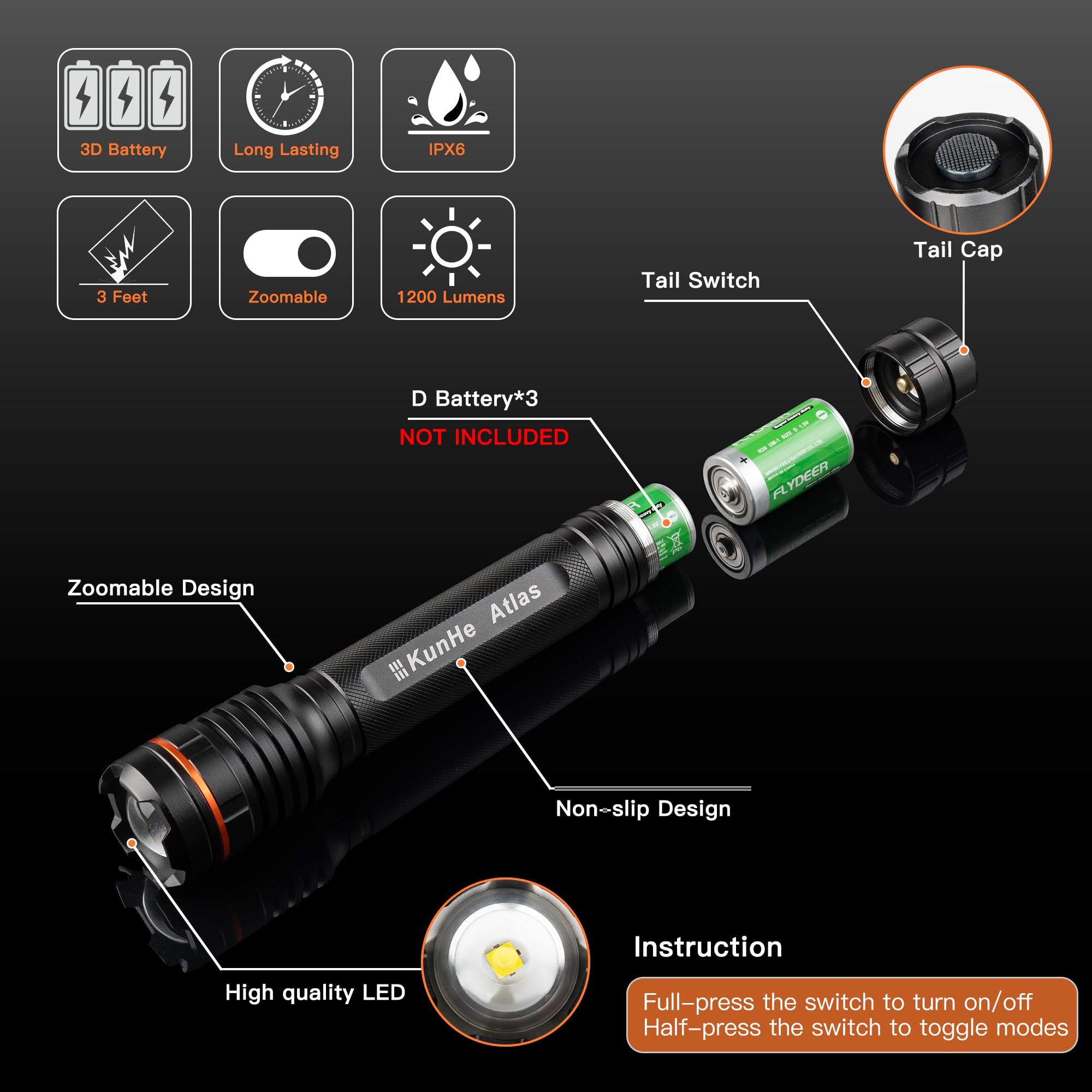 Kunhe Heavy Duty 3D Cell Led Flashlights Large Aluminum Zoomable High Lumens-1200 Lm Battery Powered Single Mode Flash Light- Big Security Flashlight For Home Emergency Power Outages Camping Car