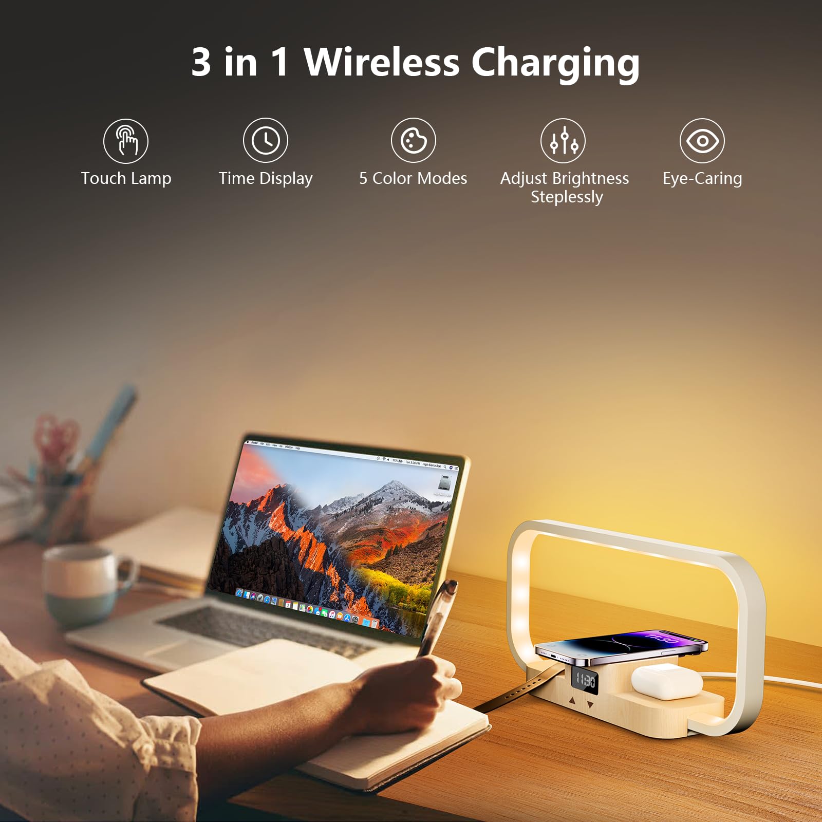 Crll Led Bedside Lamp, Desk Lamp With Wireless Charger With 3 Charging Station, 5 Color Mode & Dimmable, Touch Lamps For Nightstand With Clock, Night Table Lamp For Bedroom, For Women, Men, Friends