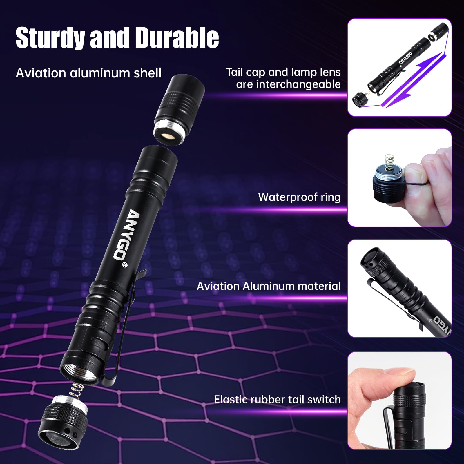Anygo 395 Nm Pen Black Light, Mini Uv Flashlight With Clip, Small Blacklight Flashlights Pet Urine Detector Light, Uv Light Pen For Resin, Id Checking, Dry Stain And Dye Detector,Batteries Include（2-Pack）