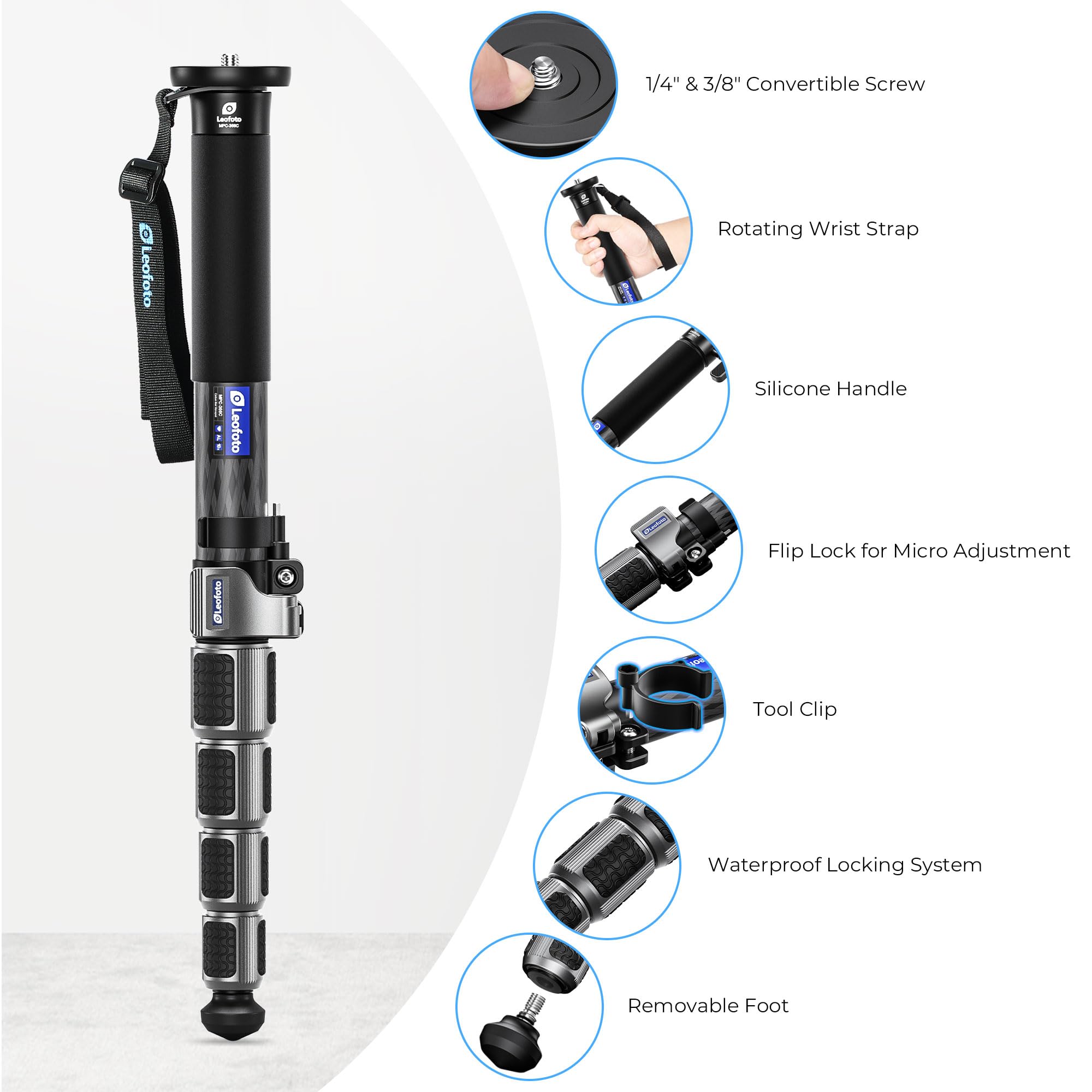 Leofoto Carbon Fiber Camera Monopod Lightweight Travel Quick Lock System, Maximum Load 40Kg, 360° Panoramic Camera Stand, Waterproof System (Mpc-366C)