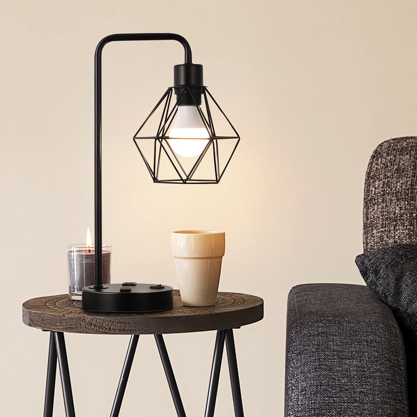 Bty Industrial Table Lamps Set Of 2 Vintage Desk Lamp Metal Cage Nightstand Bedside Lamp With Dual Usb Charging Ports And Ac Outlet For Bedroom Living Room Office (Black)
