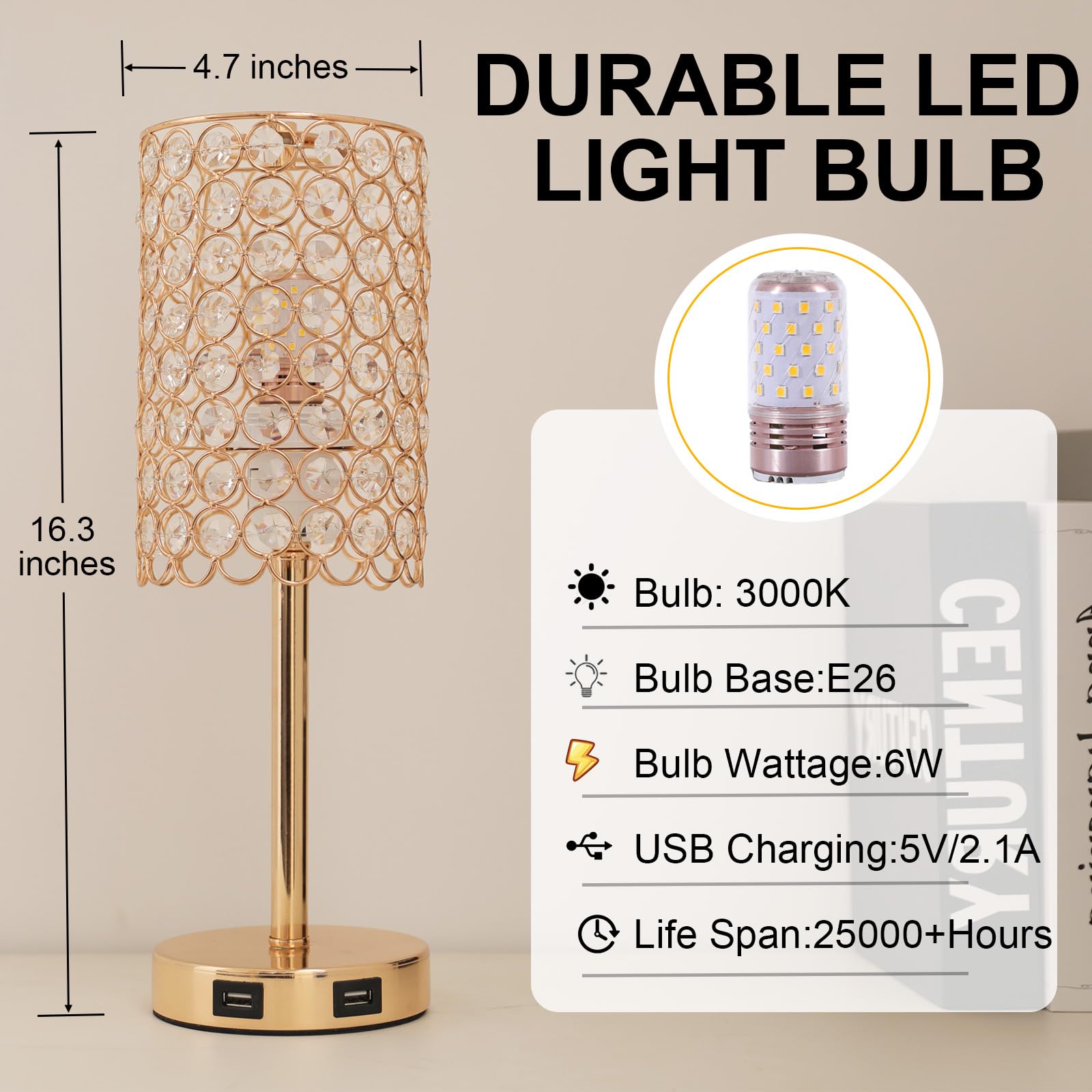 Krasty Crystal Gold Table Lamp,Touch Control Lamp With Two Usb Ports, 3-Way Dimmable Nightstand Lamp With Crystal Lampshade,Bedside Lamp For Bedroom Living Room Kid Room(Bulb Not Included)