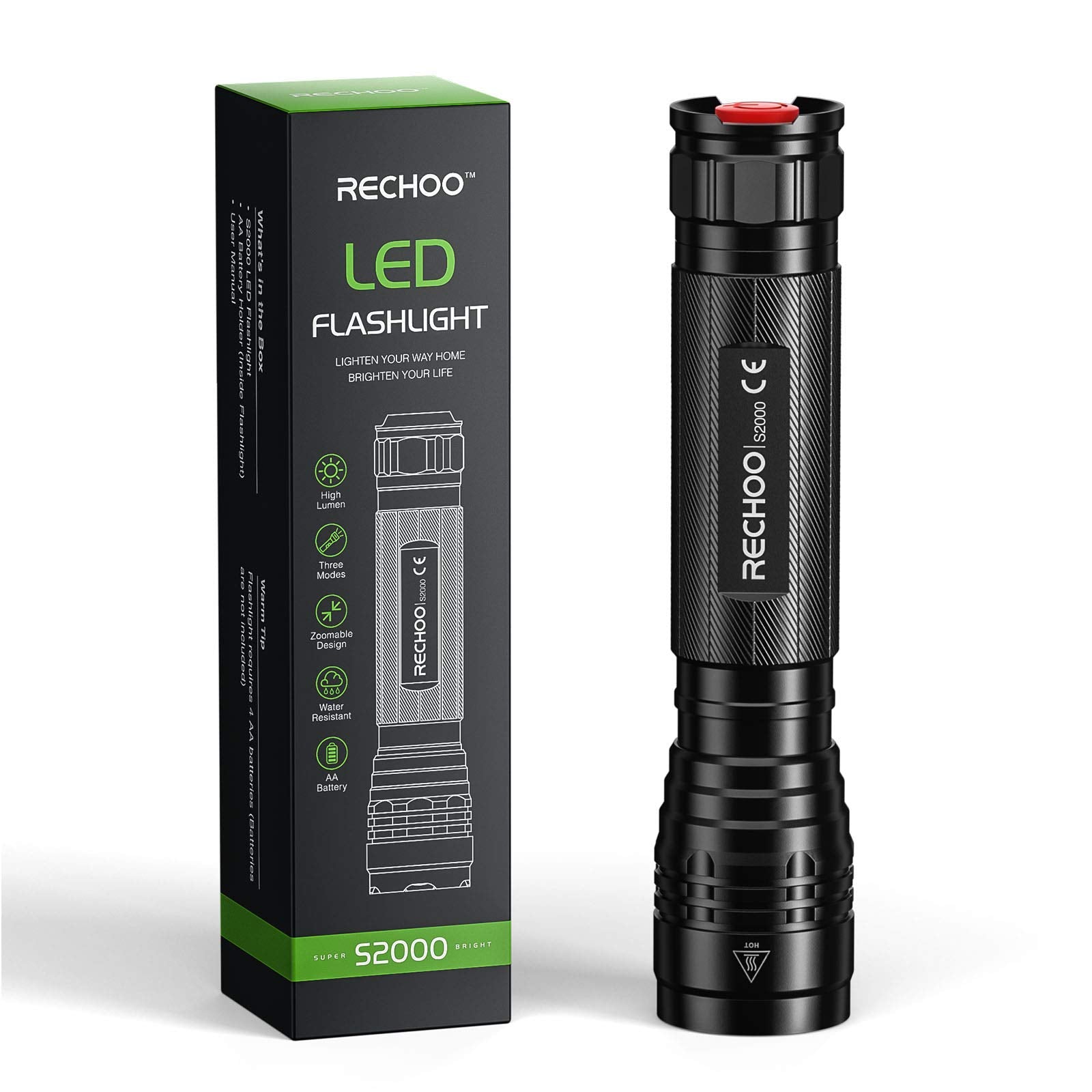 Rechoo S2000 Led Flashlight High Lumens, Super Bright, Powerful, Mid-Size Utility Flashlight With 3 Modes, Zoomable, Water Resistant Flashlights For Home, Emergencies, Camping, Outdoor Use