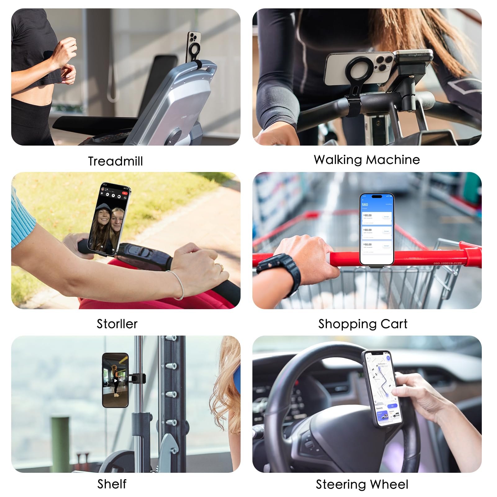 Vugosson Magnetic Phone Holder For Stroller Bar, Compatible With Magsafe (Strong Magnet) - 180° Adjustable For Gym, Home Fitness Bikes, Shopping Cart, With Adjustable Strap, All Phone (Magnetic Ring Included)