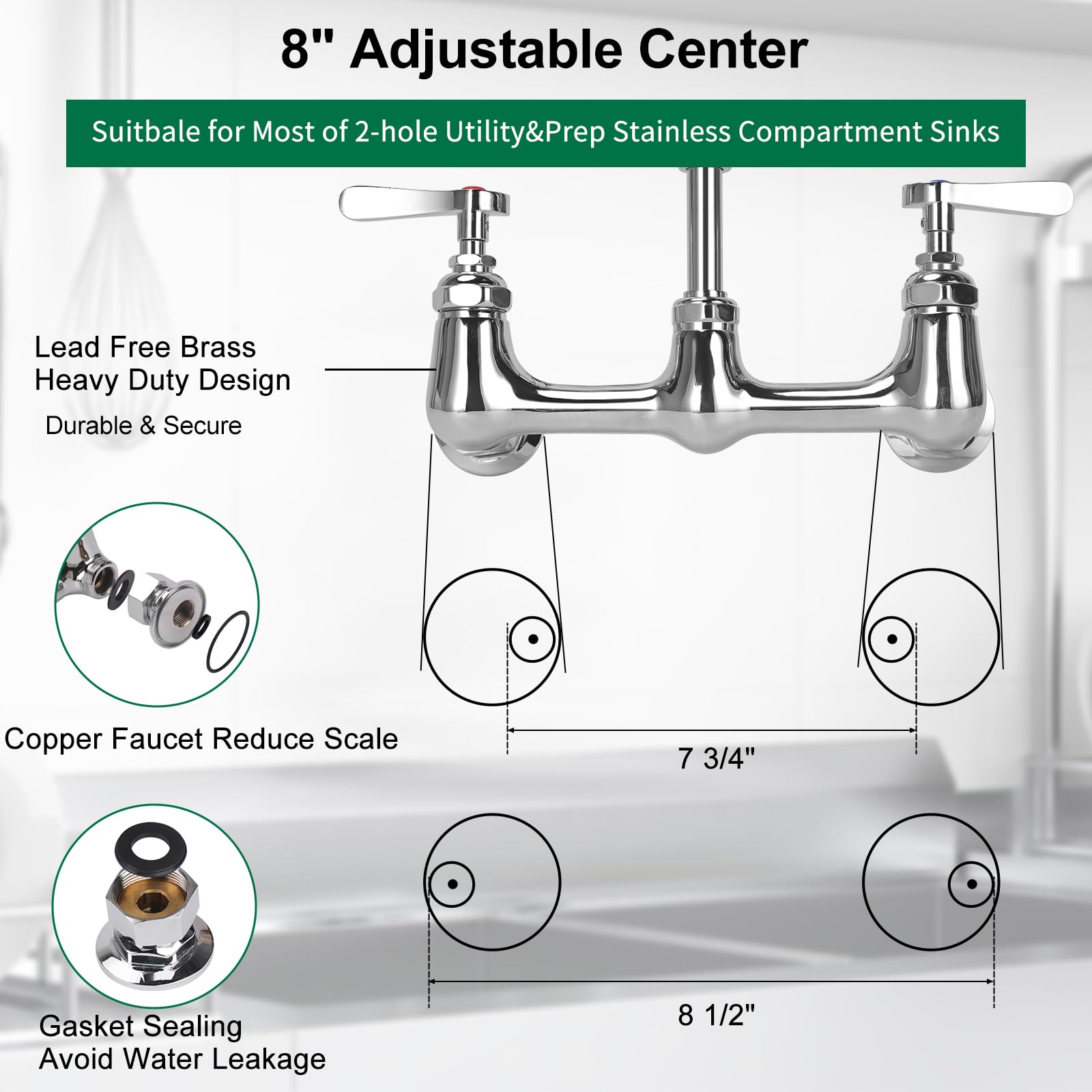 Kwode Commercial Kitchen Faucet Wall Mount With Pre Rinse Sprayer, 25” Height 8” Adjustable Center Wall Mount Restaurant Sink Faucet With 12” Swivel Add-On Spout And Pull Down Sprayer
