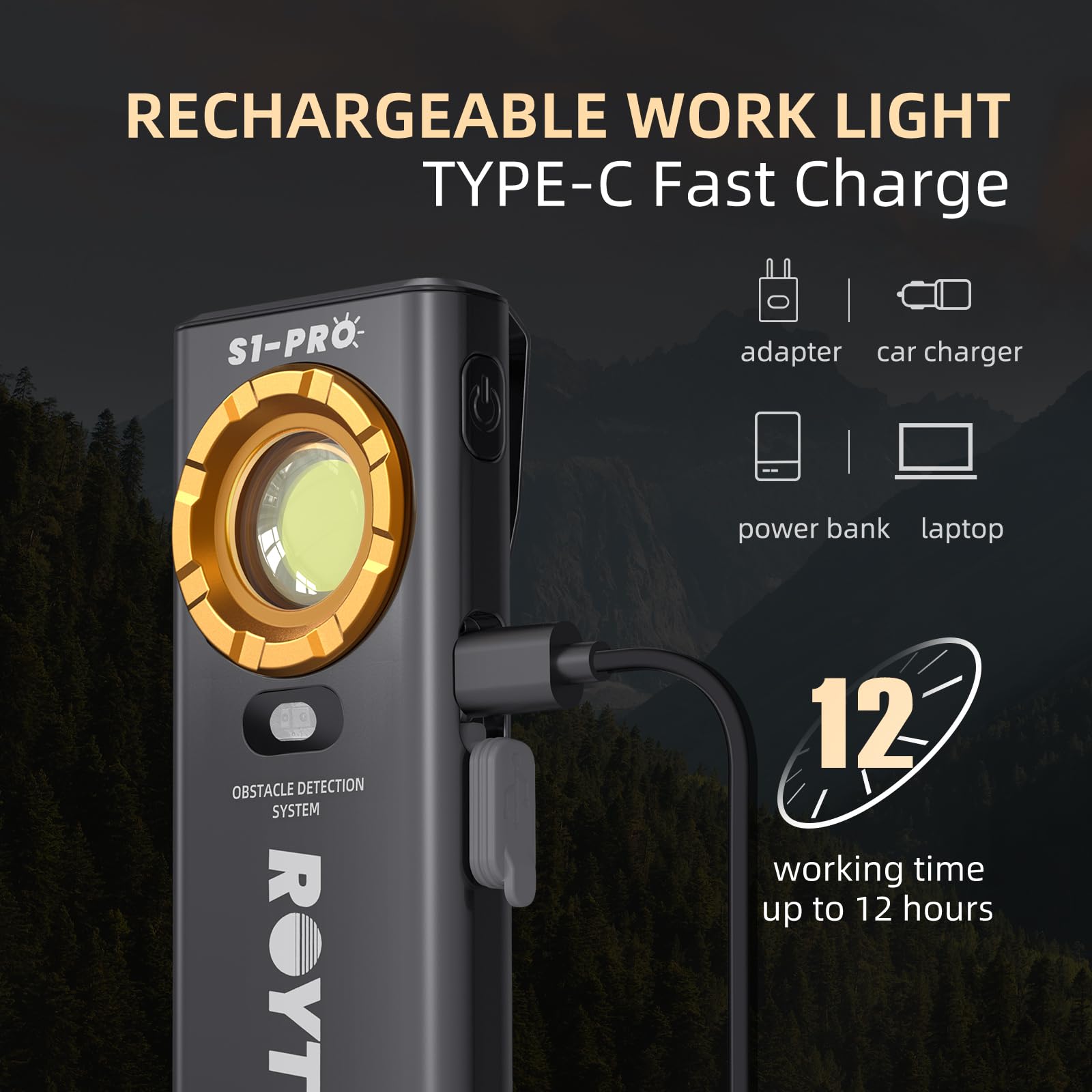 Roytoa Rechargeable Work Light, 1200 Lumens Edc Slim Flat Flashlight With Magnetic Base&Back,Proximity Sensor,Clip For Pocket, Small Portable For Car Repairs/Inspection/Travel/Hiking/Emergency/Camping