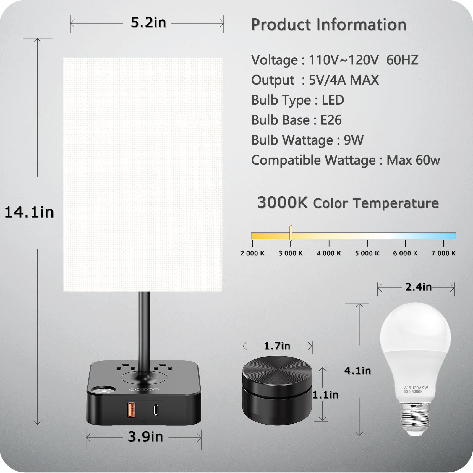 Cozoo Bedroom Table Lamp With Remote Operation Control,Dimmable Bedside Table Desk Lamp With Usb C+A Charging Ports 2 Ac Outlets,Nightstand Lamp White Shade Lamp For Living Room,Dorm,Home Office,Decor