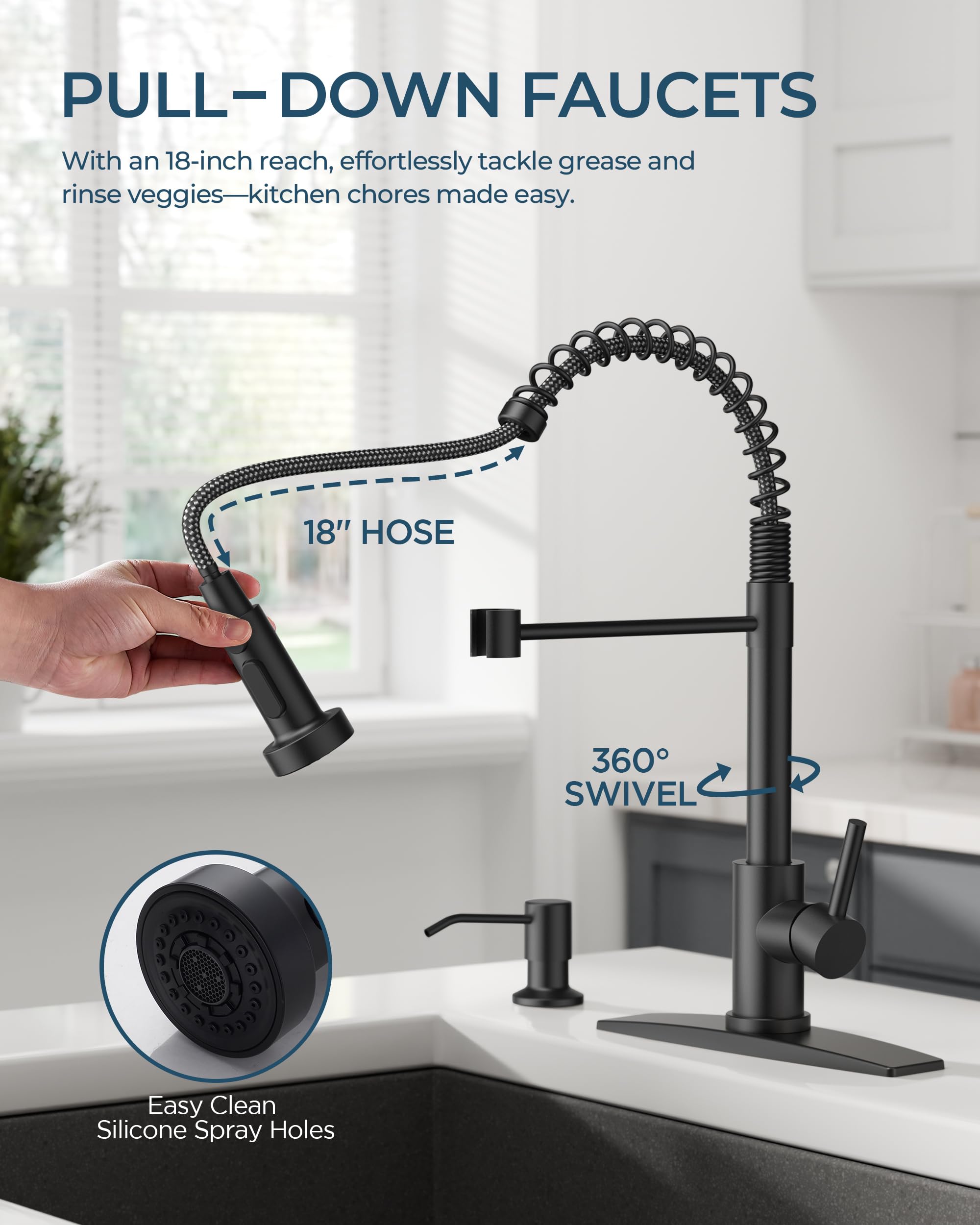 Forious Black Kitchen Faucet With Soap Dispenser, Stainless Steel Single Handle Spring Commercial Sink Faucet With Pull Down Sprayer For Rv Camp Bar Farmhouse