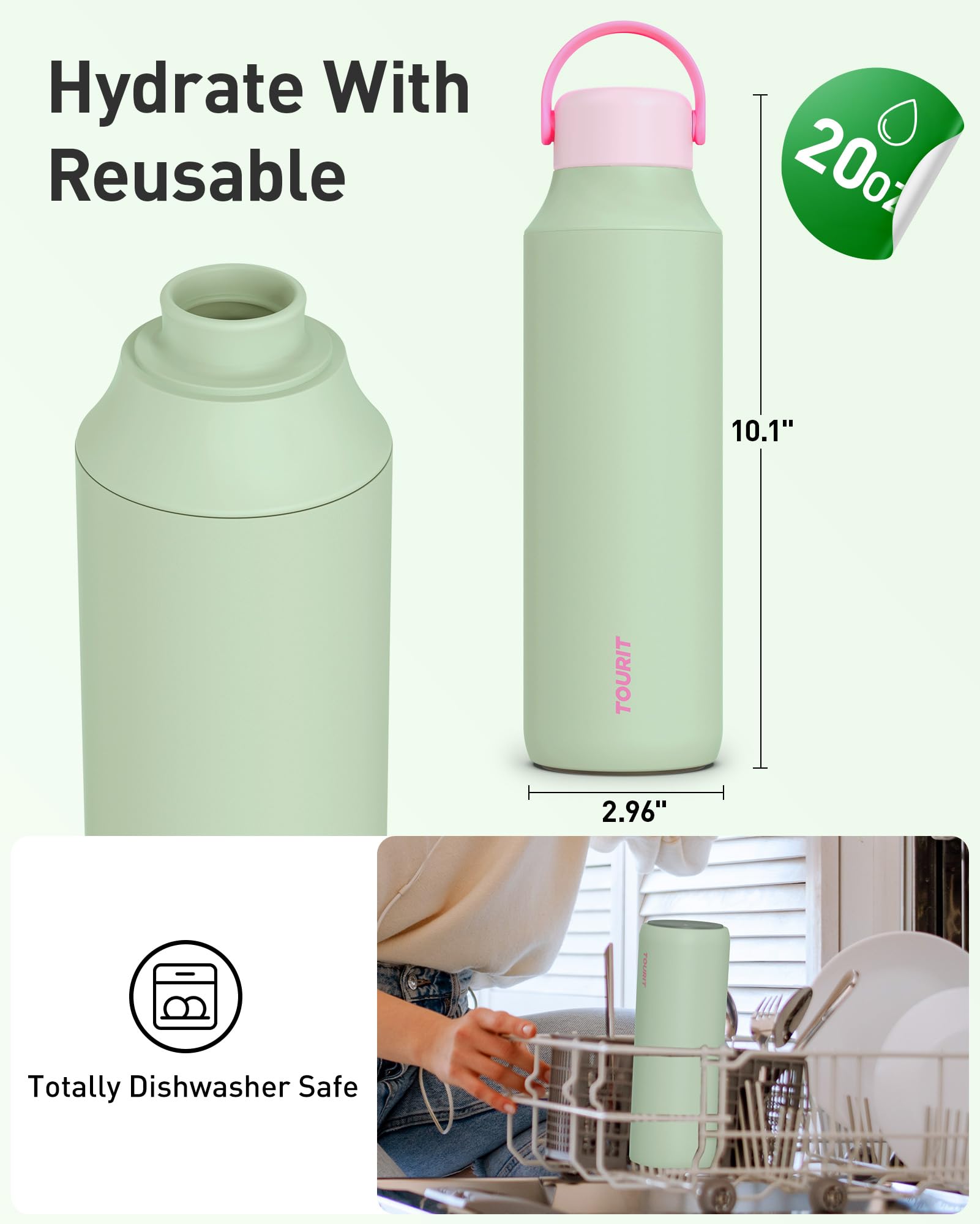 Tourit 20 Oz Insulated Water Bottle, Stainless Steel Water Bottles With Ice Strainer, Double-Wall