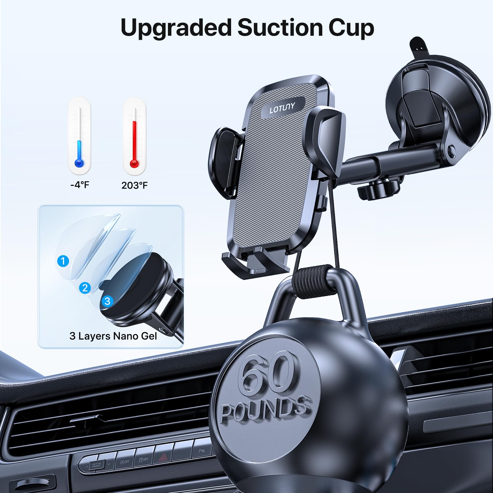 Lotuny Phone Holders For Your Car,  Rotatable Base Phone Holder For Car Dashboard Windshield, Universal Cell Phone Holder Automobile Cradle For Iphone Samsung Google And All Smartphones
