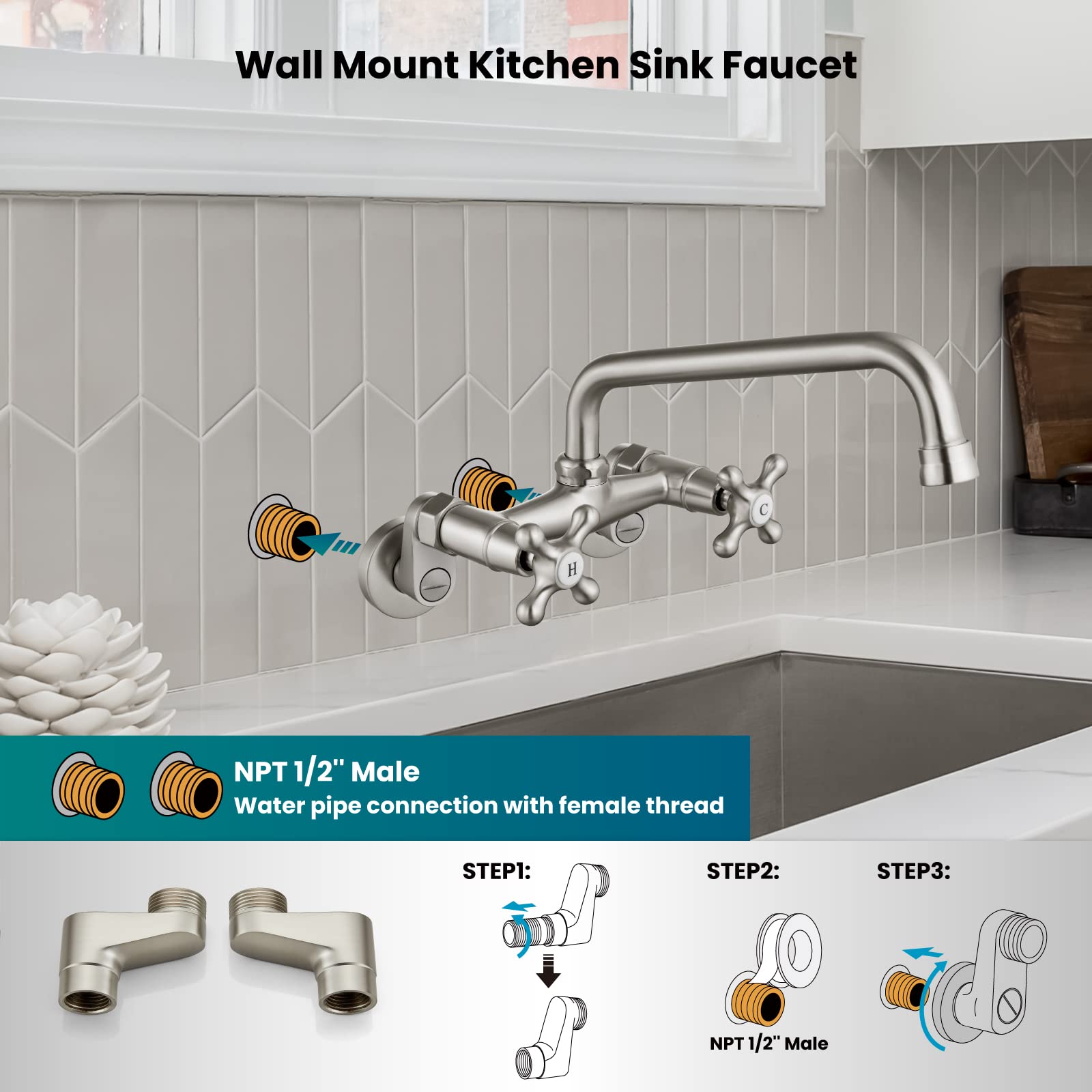 Gotonovo Wall Mount Kitchen Faucet Brushed Nickel Double Cross Handle Commercial 3 Inch To 9 Inch Adjustable Spread Mixer Tap With 9 Inch Spout Reach