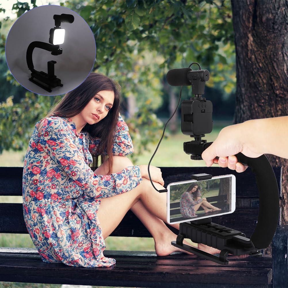 Tiiyee Handheld Camera Stabilizer Bracket,Portable U Shape Video Holder With Led Fill Light And Microphone For Interview Photography Portable Dv Bracket Studio Kit Cold Shoe Tripod Head All Cameras Home