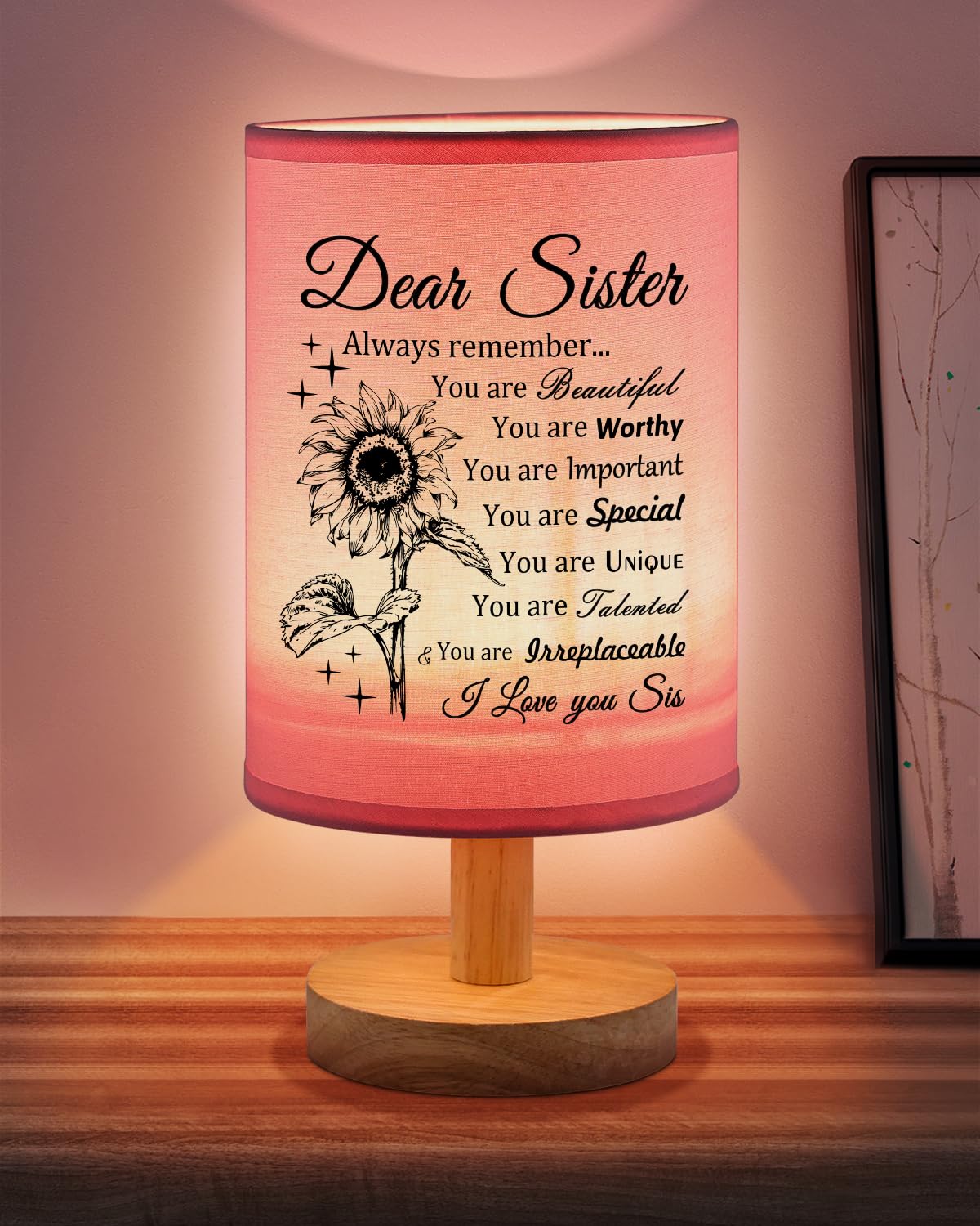 Calibron Sister , Sister Birthday Fabric Lamp, Birthday For Sister, Sisters From Sister Table Lamp With Wooden Stand, Anniversary Wedding For Sister (Pink)