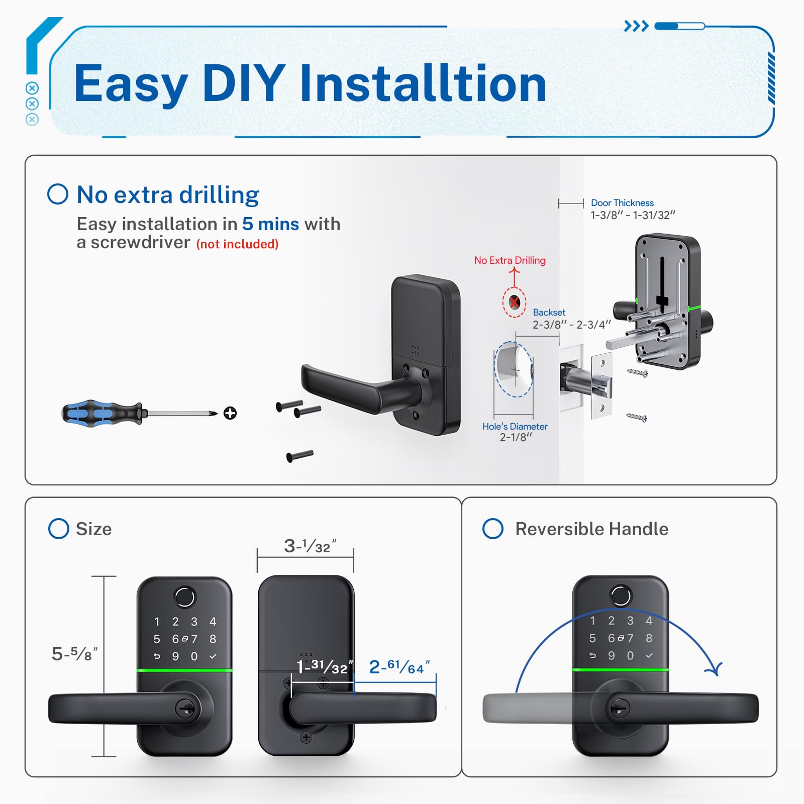 Kucacci Keypad Smart Door Lock With Handle: Keyless Entry Fingerprint Lock - Digital Code Handle With Keypad - Electronic Smart Knob For Front Door - Deadbolt Alternative With App - Easy Installation