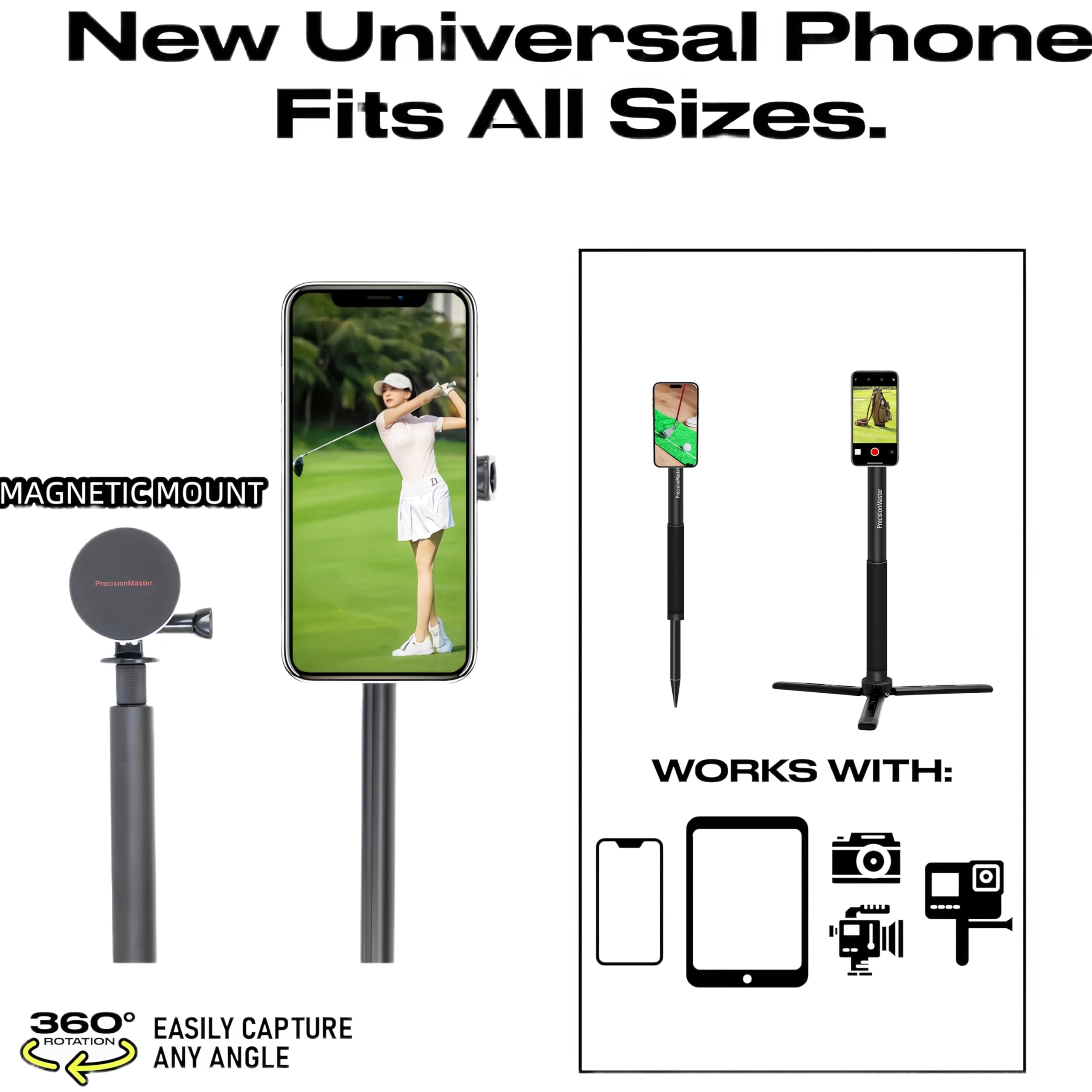 Precisionmaster Golf Tripod & Monopod, Magnetic Golf Film Stick 52" Adjustable Aluminum, Golf Swing Training Aid Compatible With Magsafe Iphone Android Phones (4 Magnet)