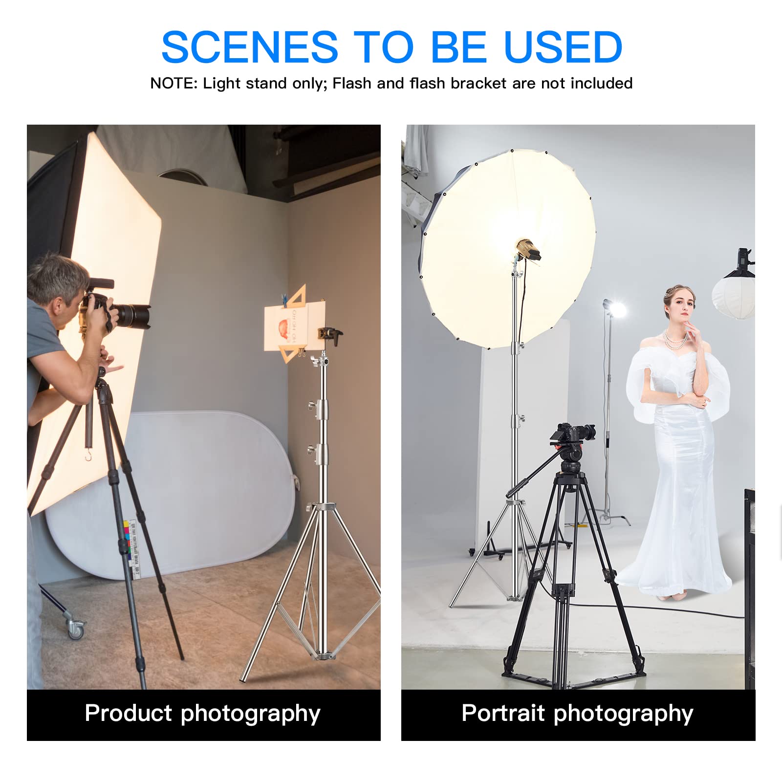 Supon Stainless Steel Light Stand 110" /2.8M, Spring Cushioned Heavy Duty Tripod Stand With 1/4-Inch To 3/8-Inch Universal Adapter For Studio Monolight Softbox Reflector Photography Portrait Video
