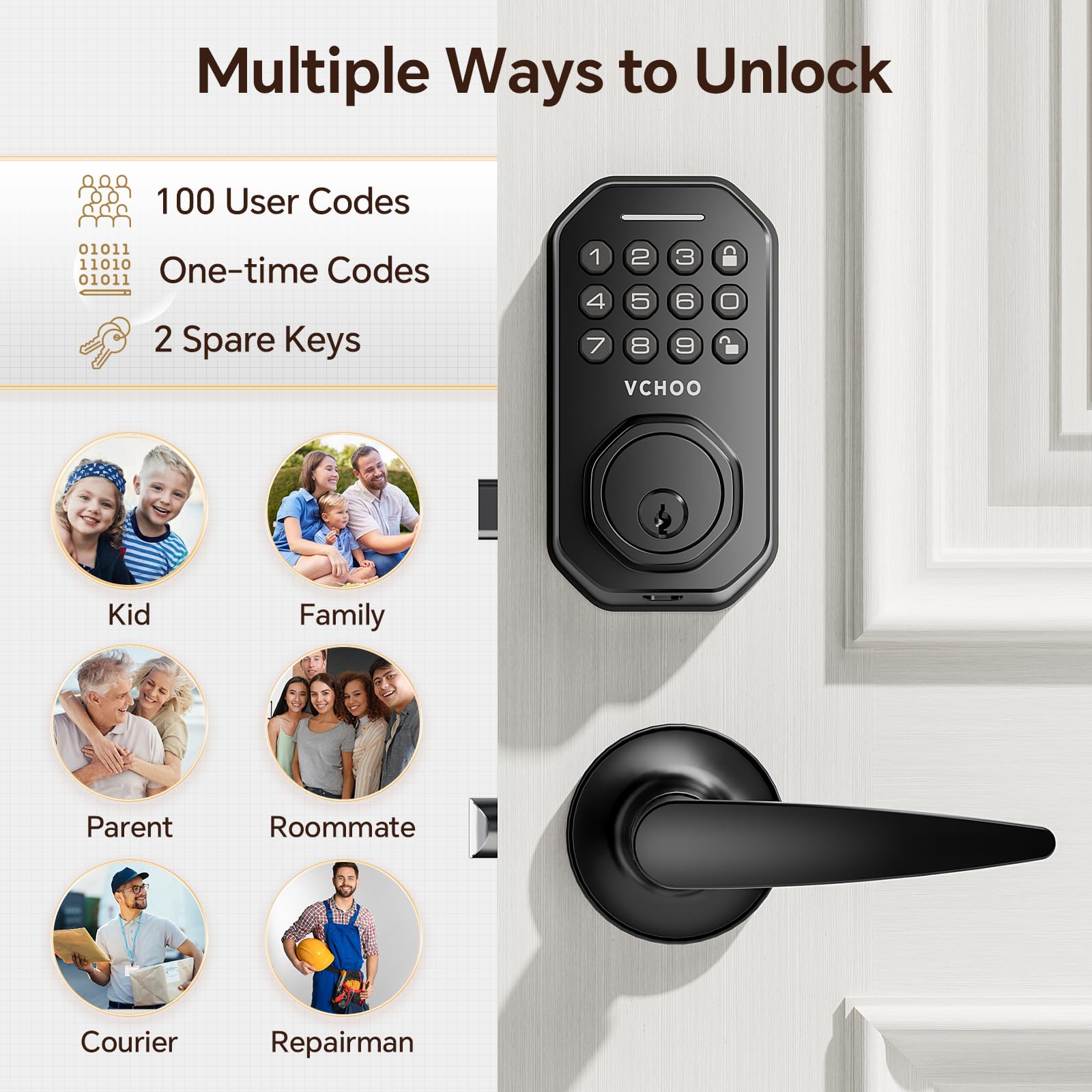 Vchoo Keyless Entry Door Lock Deadbolt With Handle Set Smart Locks For Front Door With Lever Handles Auto Locking, Anti-Peeping Password & Easy Installation For Homes Hotel Bedroom Doors Ip54