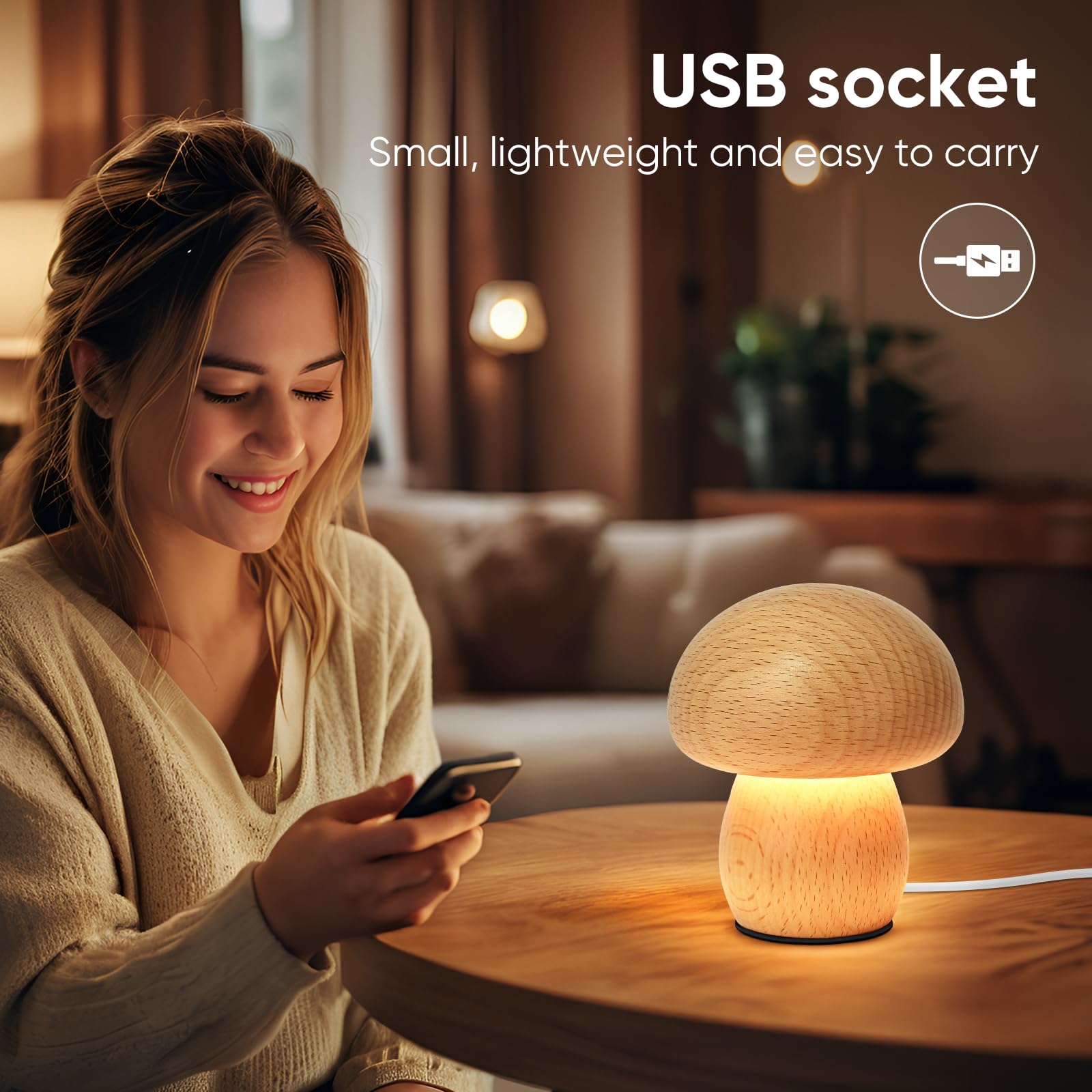 Lonrisway Led Creative Mushroom Table Lamp, Wood Desk Lamp, Bedroom Bedside Night Light, Dimmable Led Lighting, Creative Home Decor Table Lamp, Unique House Warm