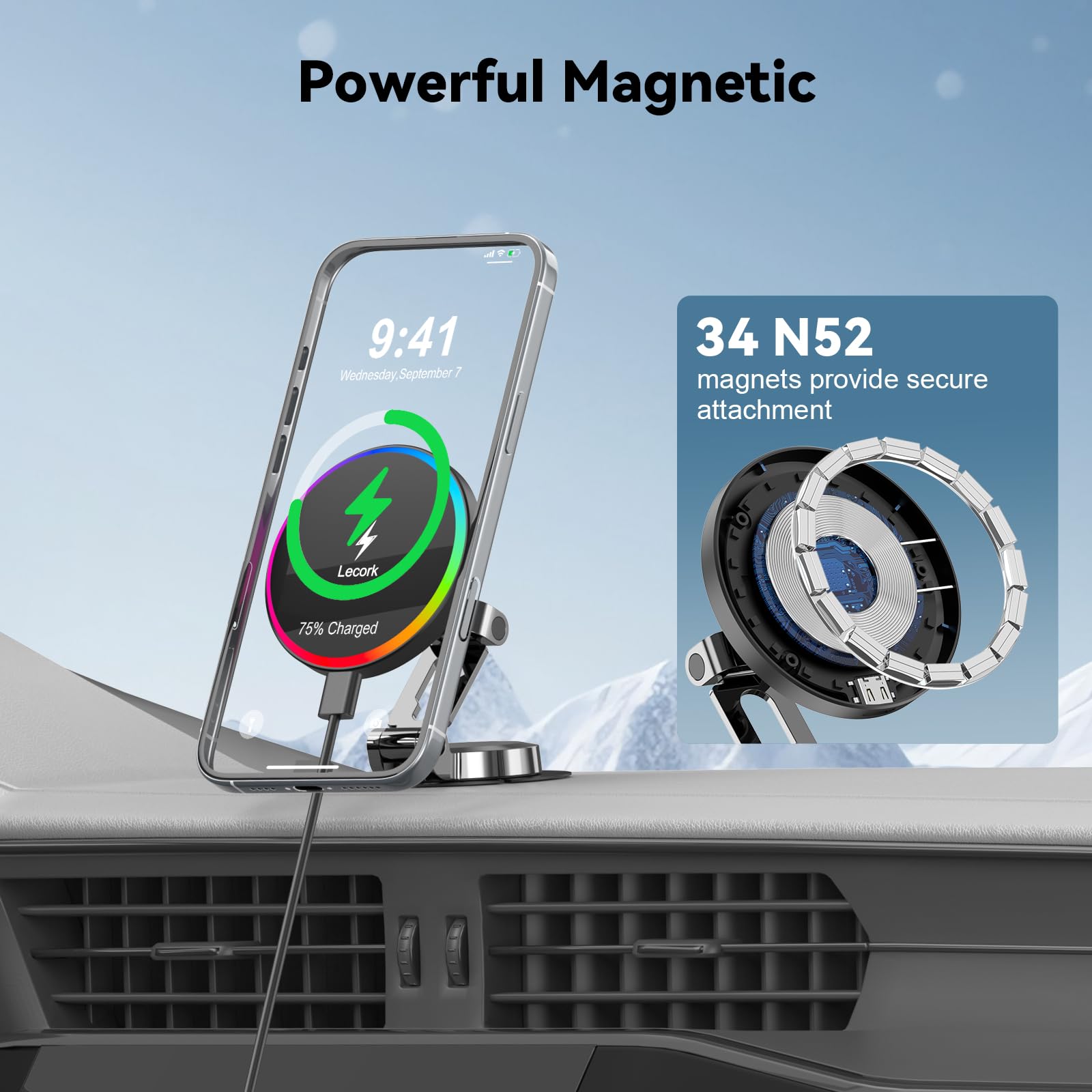 Lecork For Magsafe Car Mount Charger, 15W Magnetic Wireles Car Charger For Iphone 12 13 14 15 16 Series, Stick On Dashboard Phone Holder Mount For Samsung S25 Series, Zinc Alloy Shell, Black