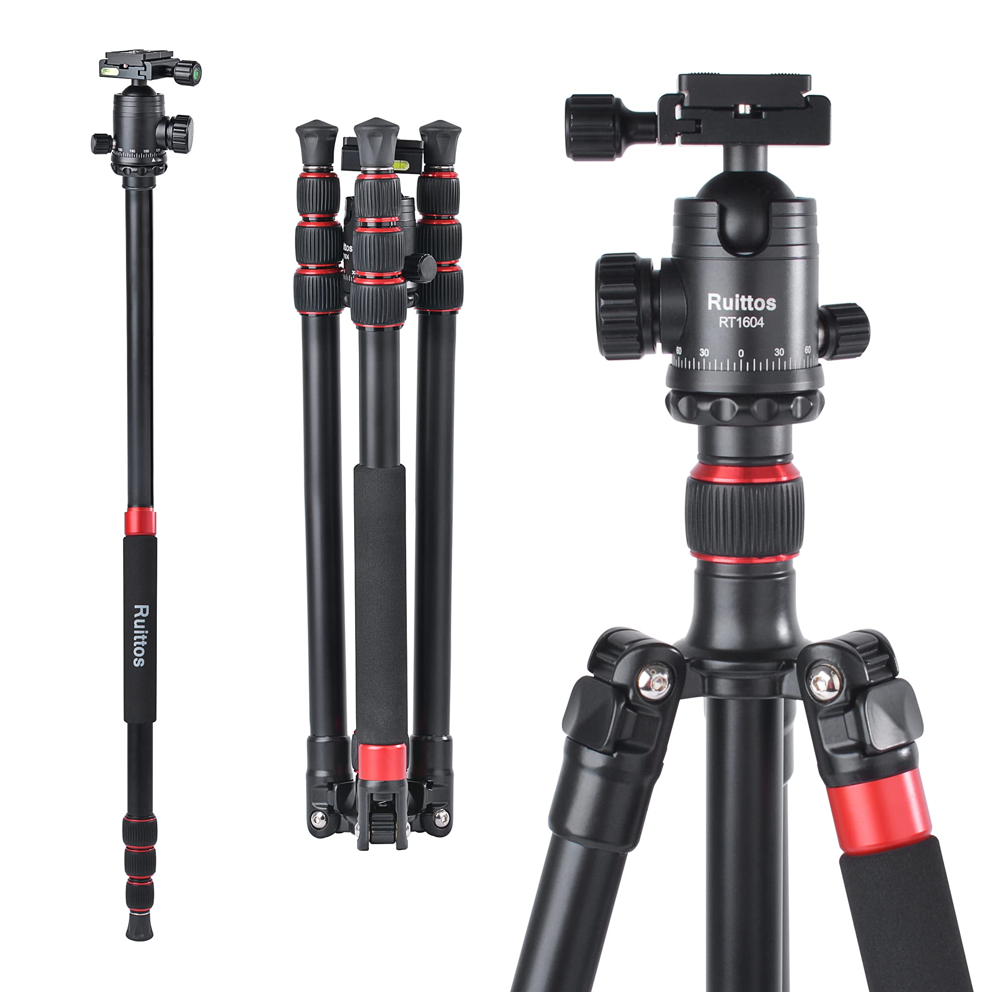 Ruittos Tripod For Camera, 64" Camera Tripod Stand, Dslr Tripods & Monopods, Heavy Duty Travel Tripod For Binoculars Laser Level Spotting Scope Telescope, Professional Complete Tripod Units