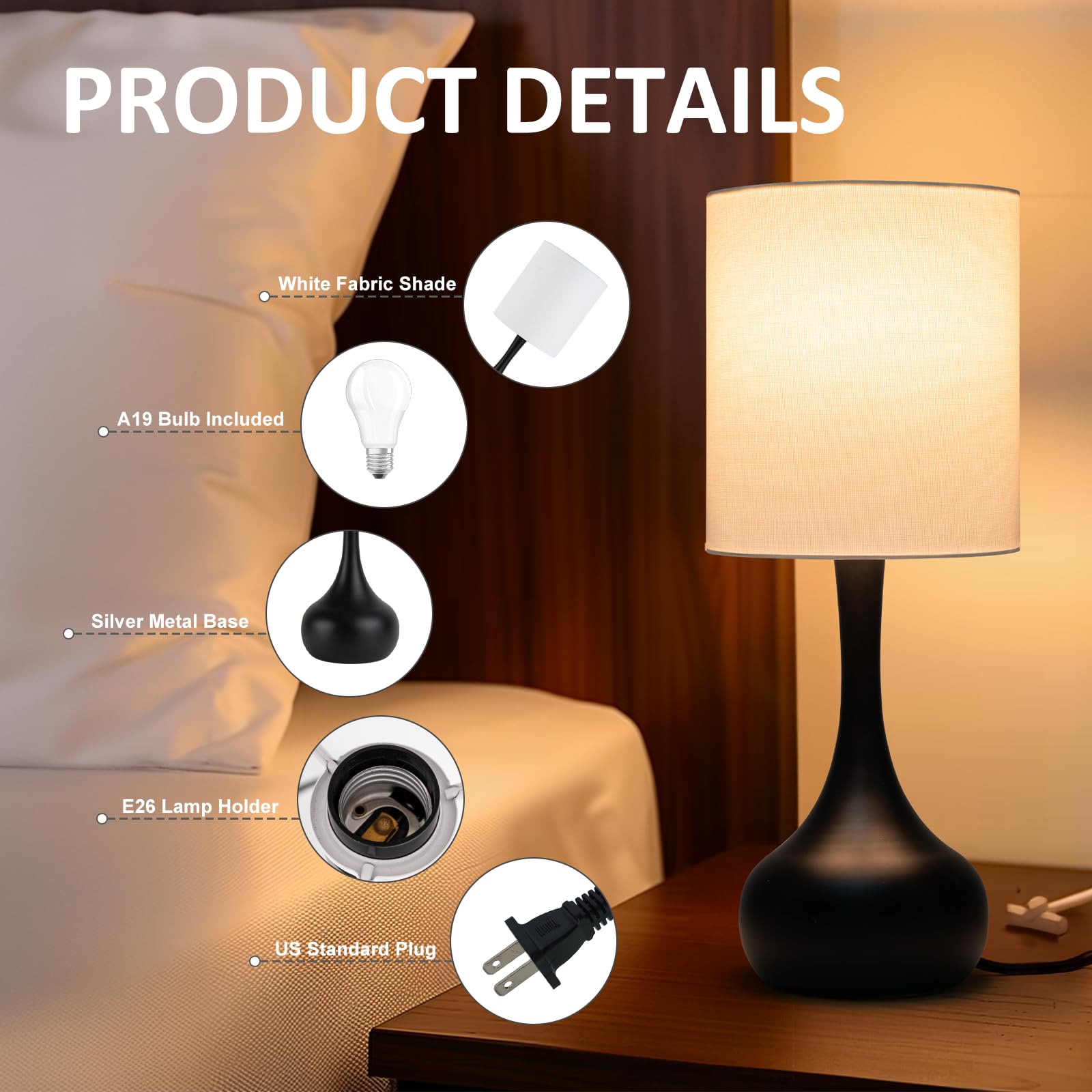 Qingjiamen Touch Lamps For Nightstand, Gold Bedside Lamp Touch Control For Bedroom With Linen Shade, Mid Century Modern 13 Inch Small Table Lamp (Black Round - 1Pack)