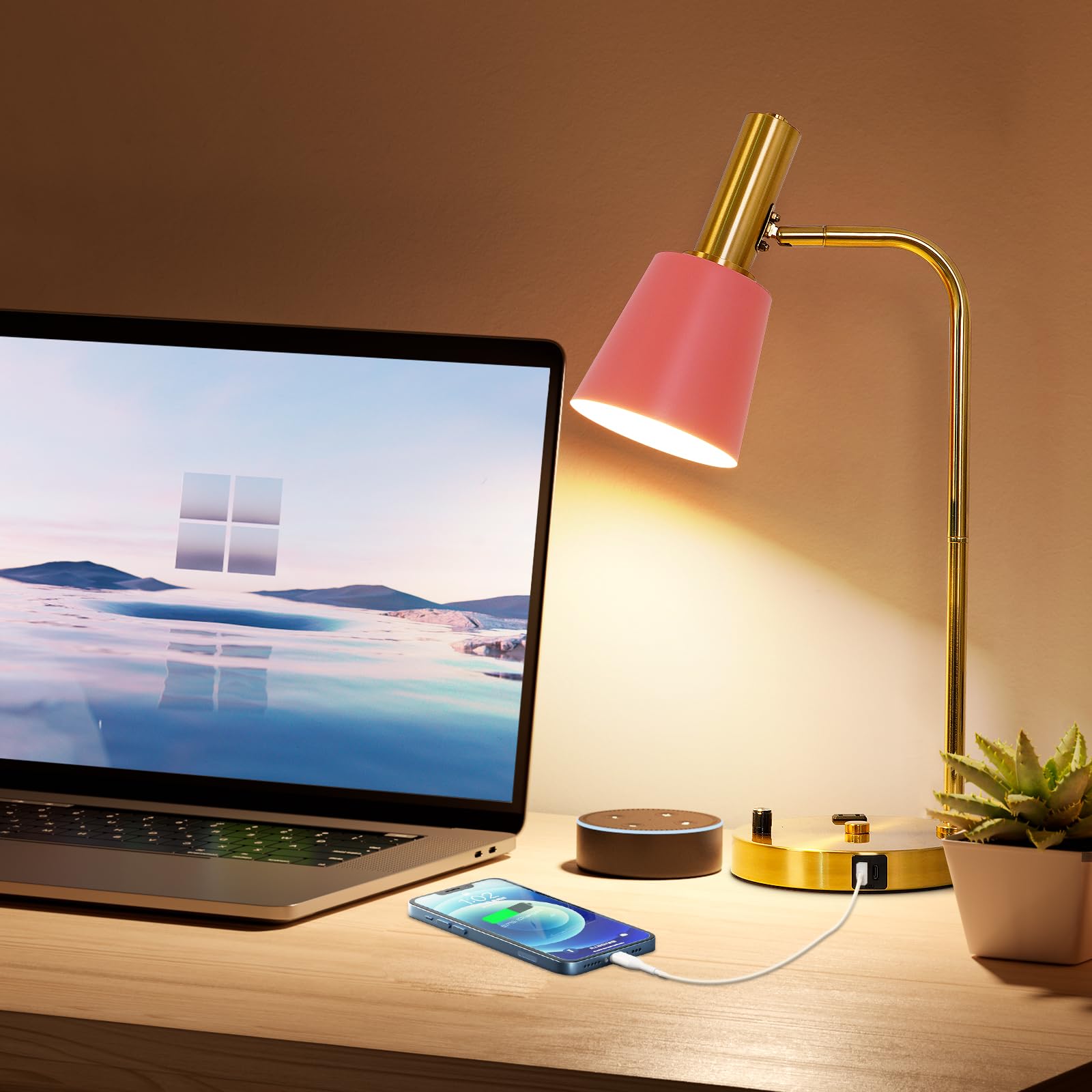 Beaysyty Pink Bedroom Lamp For Nightstand, Dimmable Bulb Table Lamp With Usb C And A Ports, Bedside Light With Ac Outlet For Kids Girls, Desk Lamp With Brass Metal Base