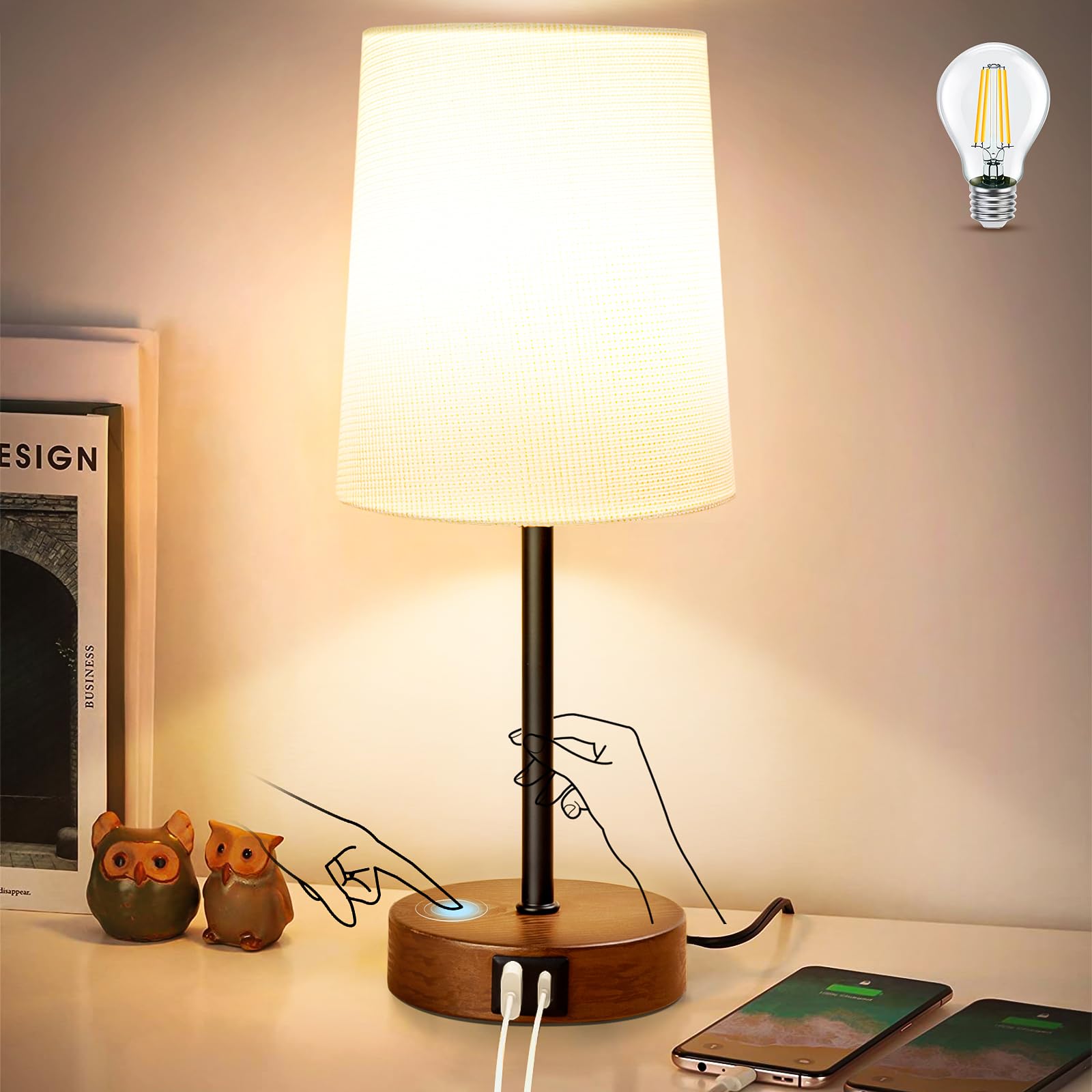Luxebeam Modern Usb & Type-C Bedside Lamp With Touch Control, Dimmable Table Lamp With White Fabric Shade Enhanced With Gold Threads, Includes Led Bulb - Ideal For Bedroom, Office, Dorm