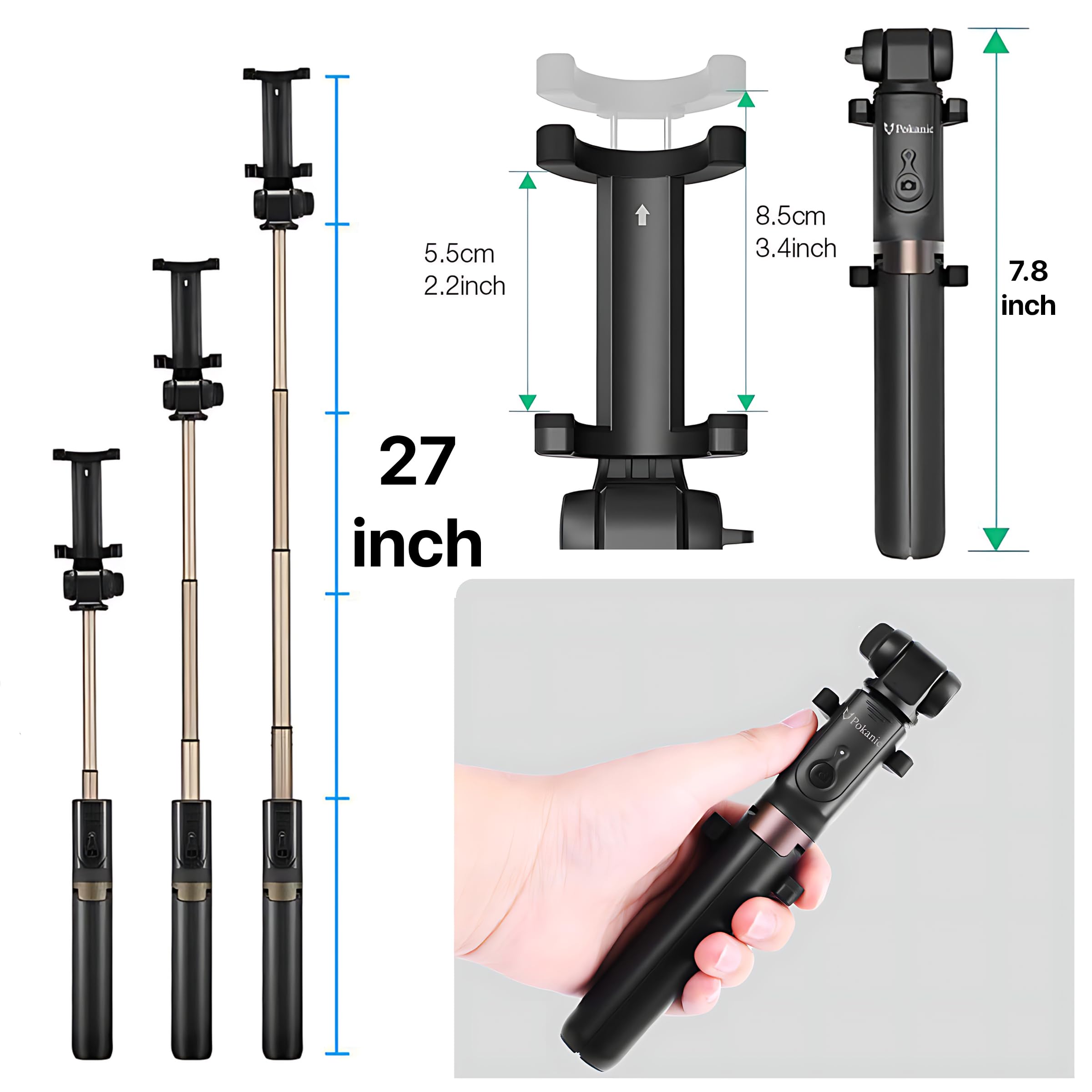 Pokanic Selfie Stick Tripod With Wireless Remote Controller Pouch Extendable Adjustable Stand Mount Light-Weight V-Log Compatible With All Apple Iphone, Samsung Galaxy (Black)