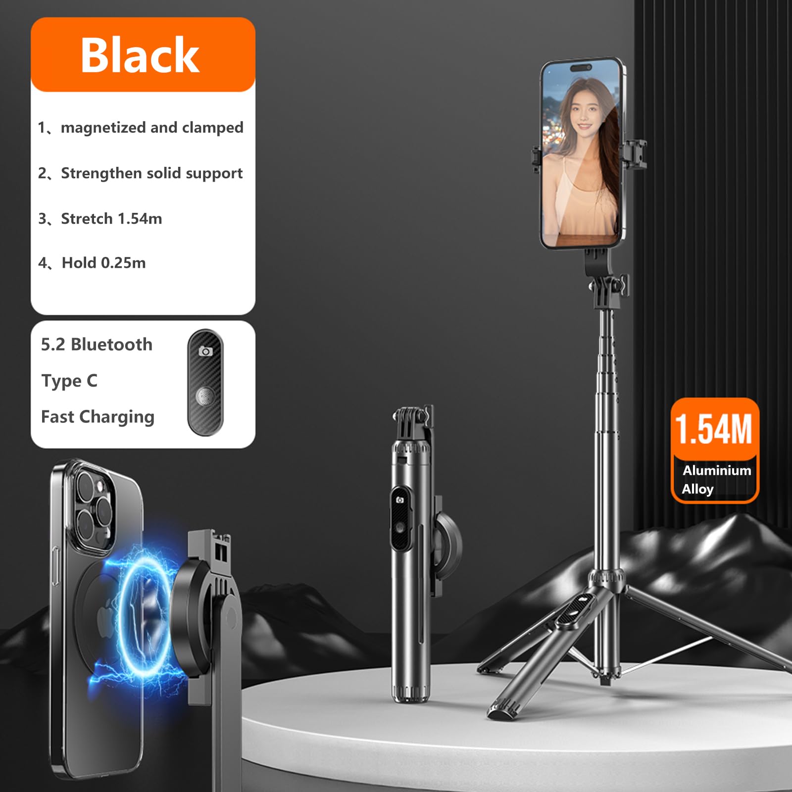 Unillqss 60 Inch Magnetic Selfie Stick Tripod, Adjustable Cell Phone Grip And Portable Stand With Metal Ring And Remote Control For Selfies And Gopro Video Recording Black