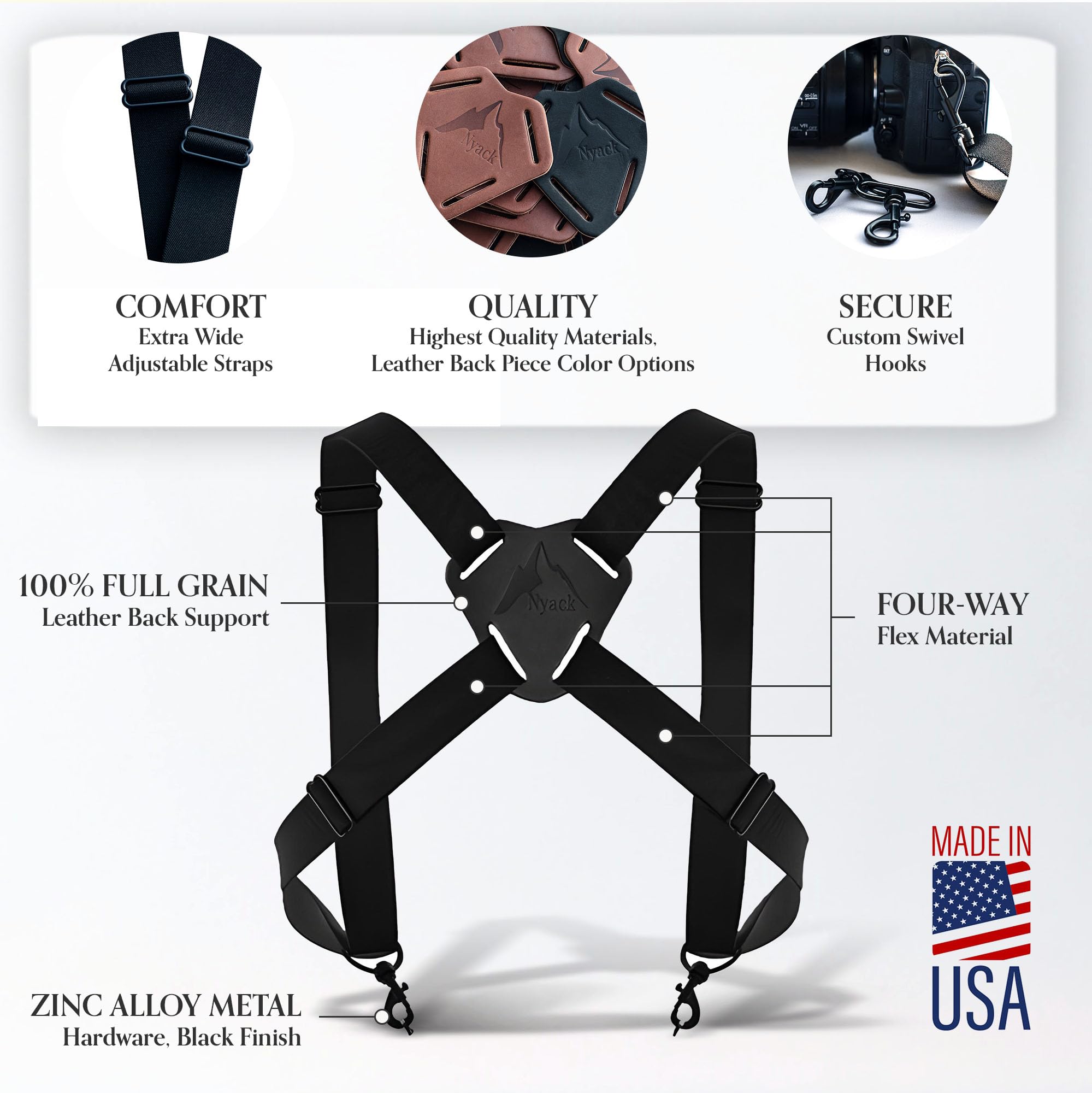 Nyack Exchange Camera And Binocular Harness  Usa Made, Quick Release, Adjustable Straps For Hiking, Birding, Hunting