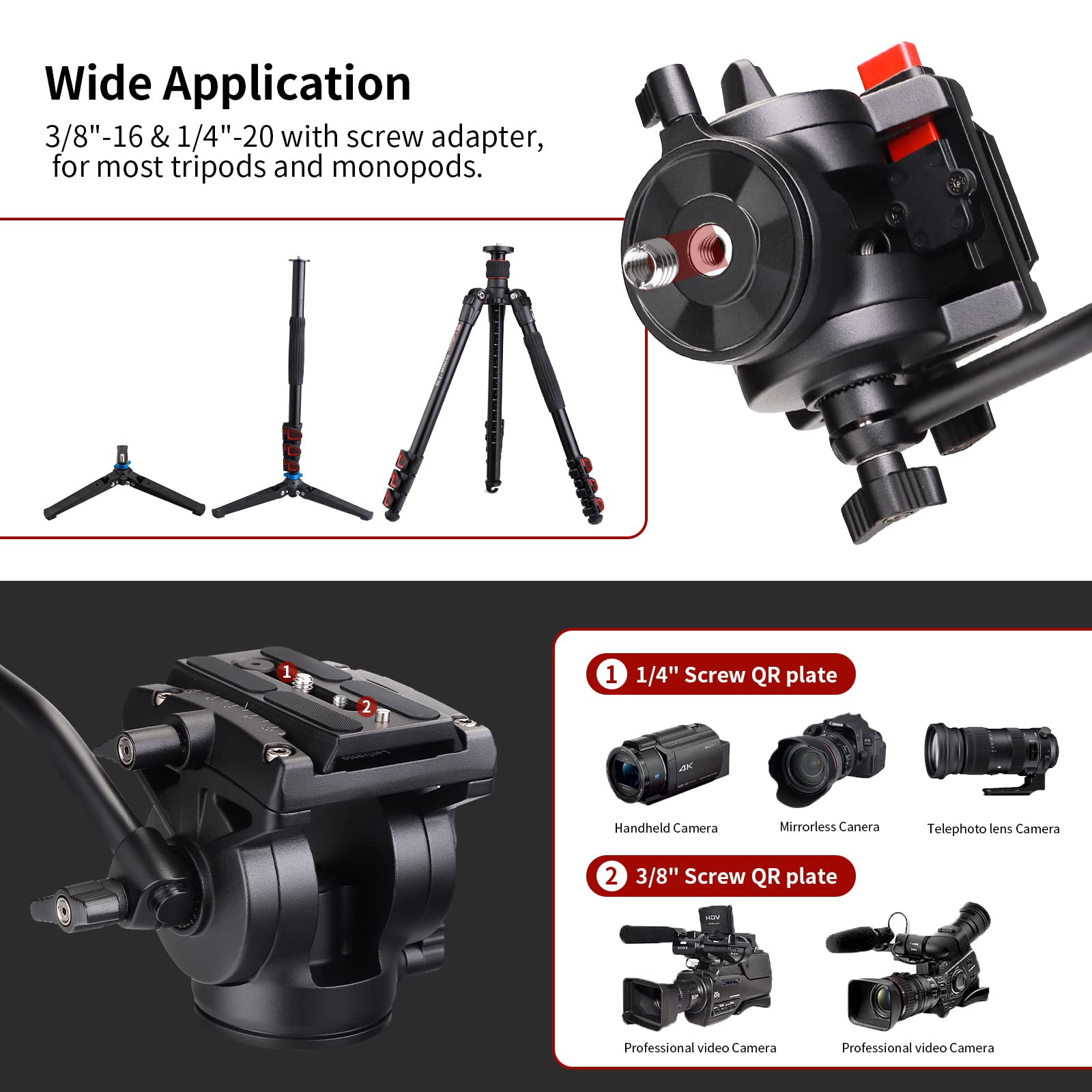 Leifrotto Tripod Head For Video Dslr Camera, Heavy Duty Fluid Head Tripod With Quick Release Plate, Max Load 22 Pounds,1/4 To 3/8 Connection, Supports Tripods, Monopods Connections Vs10