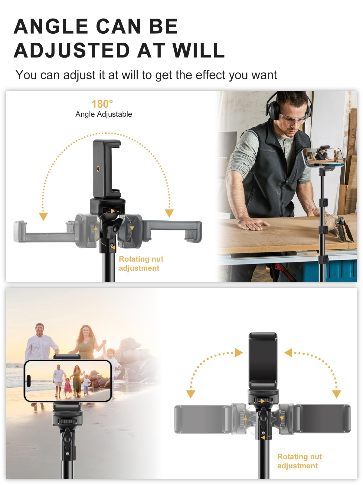 Jiang&Rong 62" Adjustable Phone Tripod Stand - Extendable Selfie Stick Tripod For Iphone & Android, Portable With Remote, Compatible With Smartphones For Video Recording, Travel, Camera