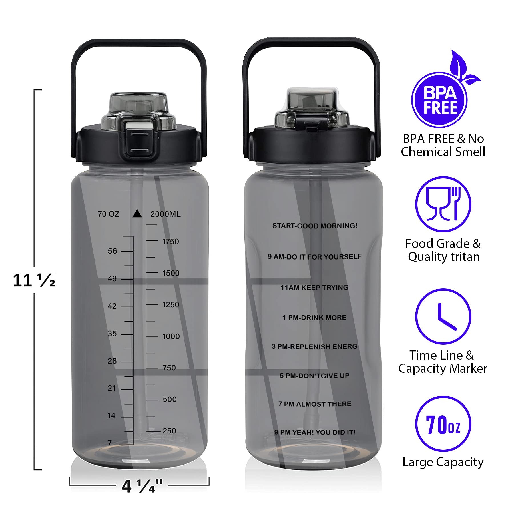 Half Gallon Water Bottle With Sleeve, 64Oz Motivational Water Bottle With Straw & Time Marker