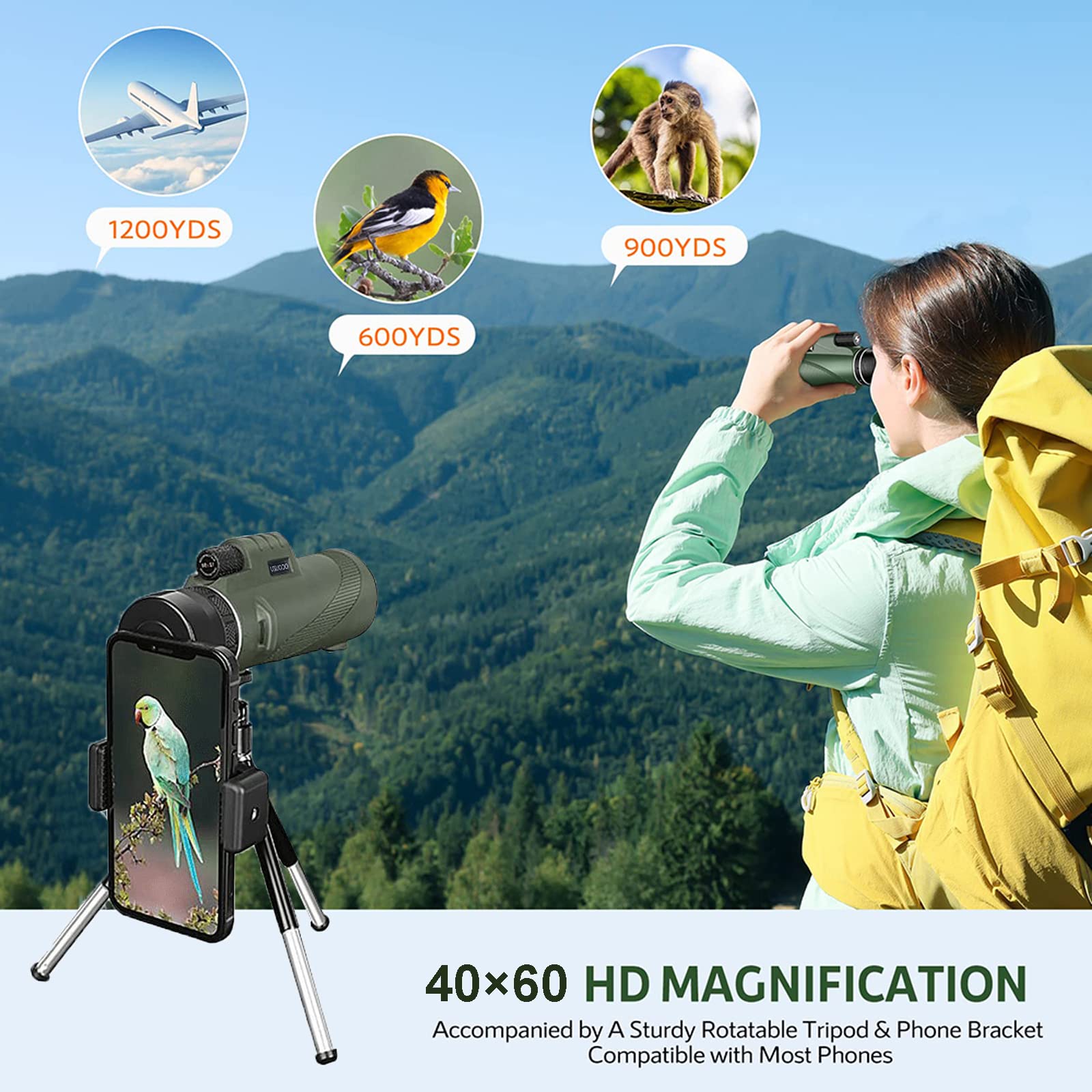 Ocouzu  40X60 Monoculars For Adults High Powered With Smartphone Adapter & Tripod,High Magnification Scope Monocular For Long Range Bird Watching/Hunting/Race Cars/Hiking