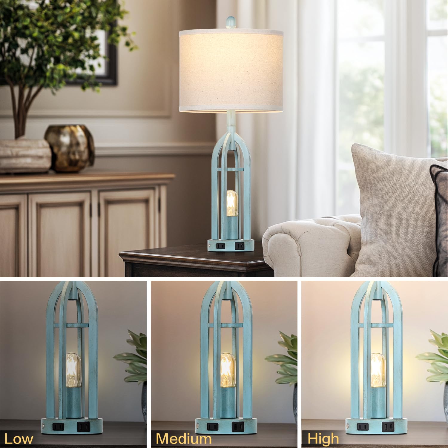 Cinyirong 27" Industrial Farmhouse Table Lamp,Vintage Rustic Blue Beside Lamp With Usb A+C Charging Ports & Ac Outlet, Metal Nightstand Lamp With Led Night Light For Bedrooms (2 Led Bulbs Included)