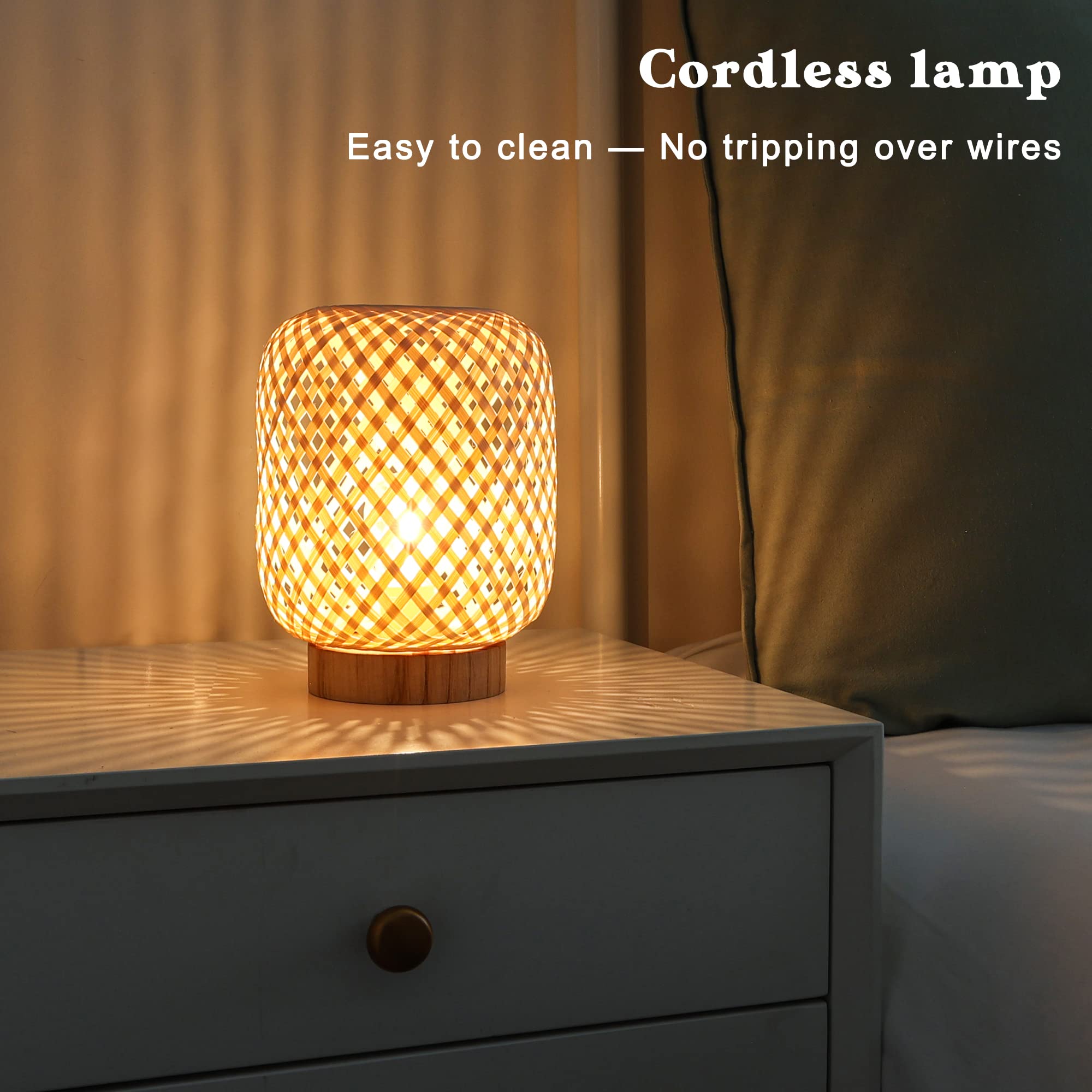 Lusharbor Rattan Lamp, Cordless Boho Lamp Battery Operated, Table Lamp With Led Bulb, Handmade Bamboo Beside Lamp Small Rattan Lamp, Decorative Battery Lamp For Kids Room Entryway - Grid