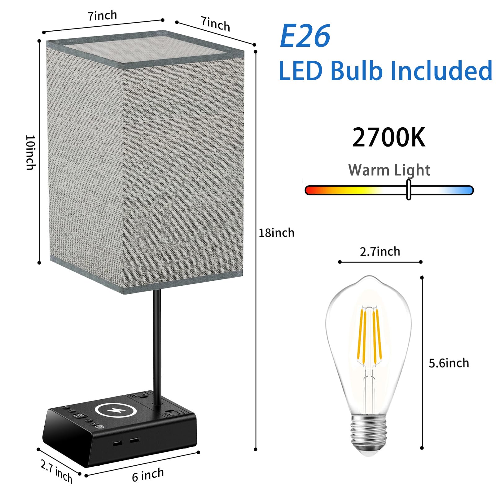 Mindore Bedside Lamp With Usb Ports & Ac Outlets, 15W Wireless Charger Table Lamp With Clock, 3 Way Dimmable Nightstand Lamps For Bedroom Living Room,Touch Lamp With Charging Station,Grey Shade & Black Base
