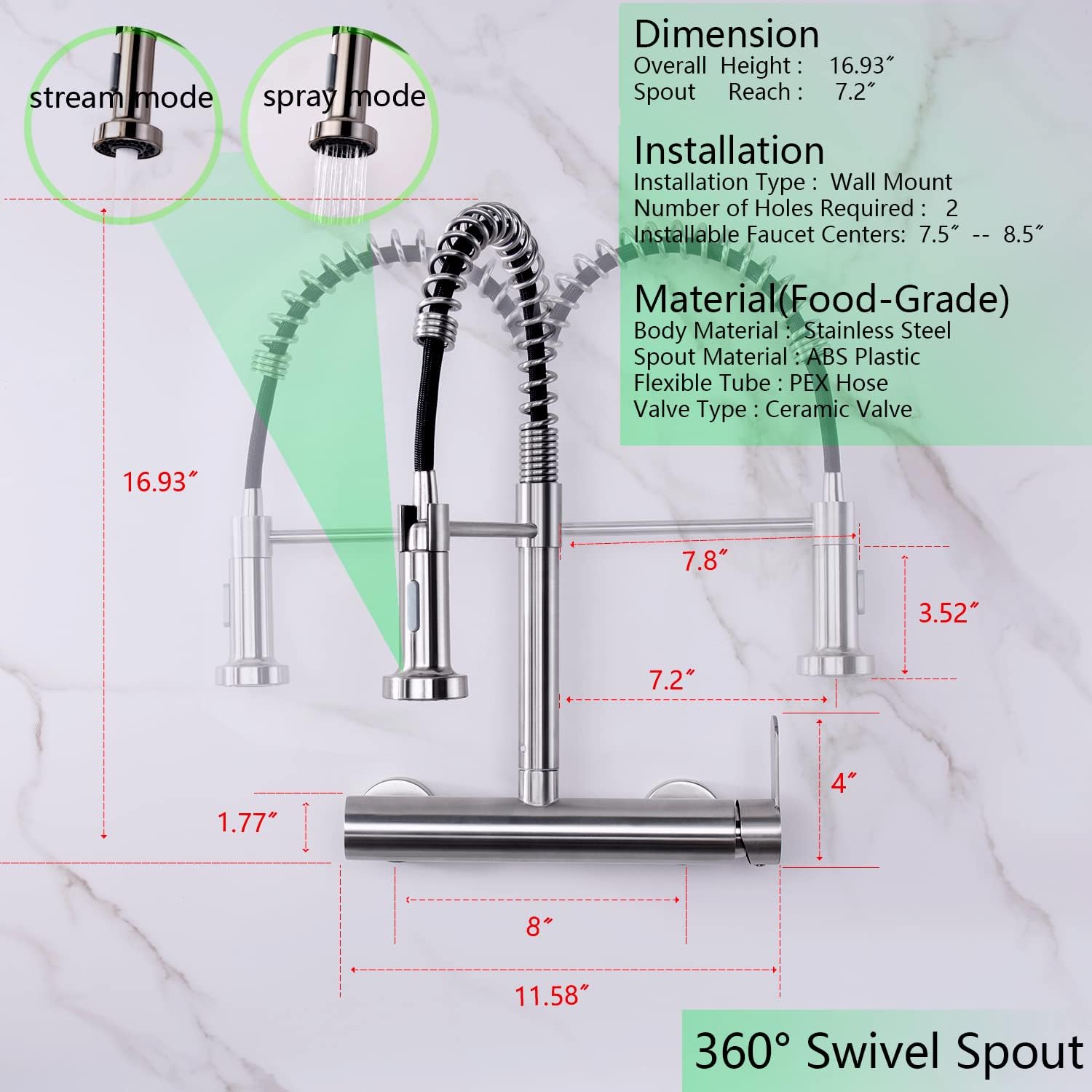 Flwueue Wall Mount Faucet 8 Inches Center, With Pull Down Sprayer, High Arc Single Handle Spring Kitchen Sink Faucet, Grifos De Cocina, Brushed Nickel
