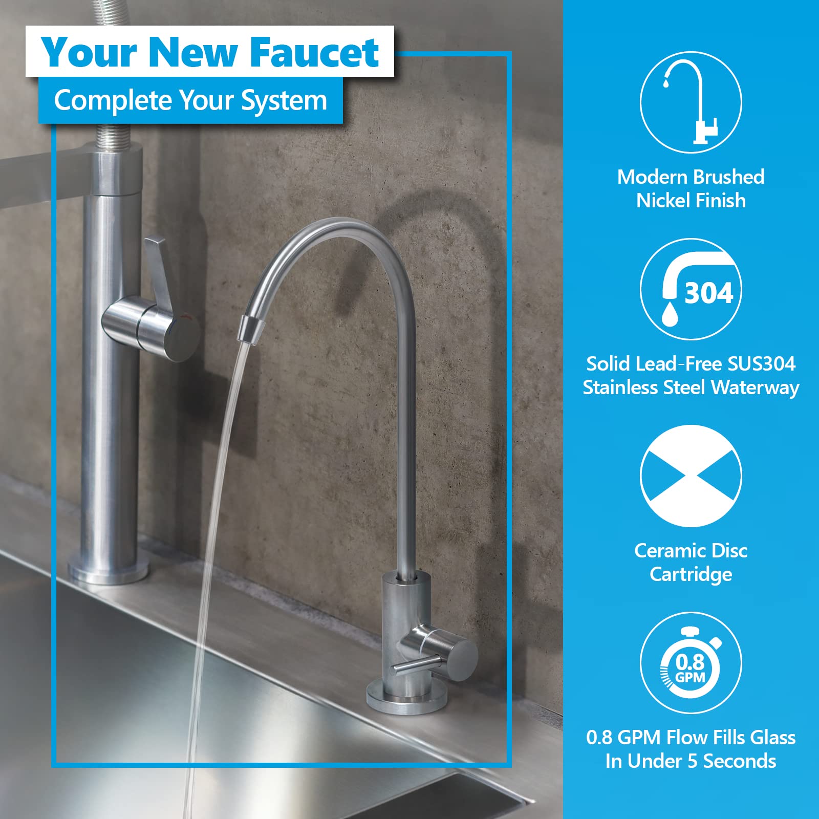 Express Water Modern Water Filter Faucet – Brushed Nickel Coke-Shaped Faucet – 100% Lead- Drinking Water Faucet – Compatible With Reverse Osmosis Water Filtration Systems
