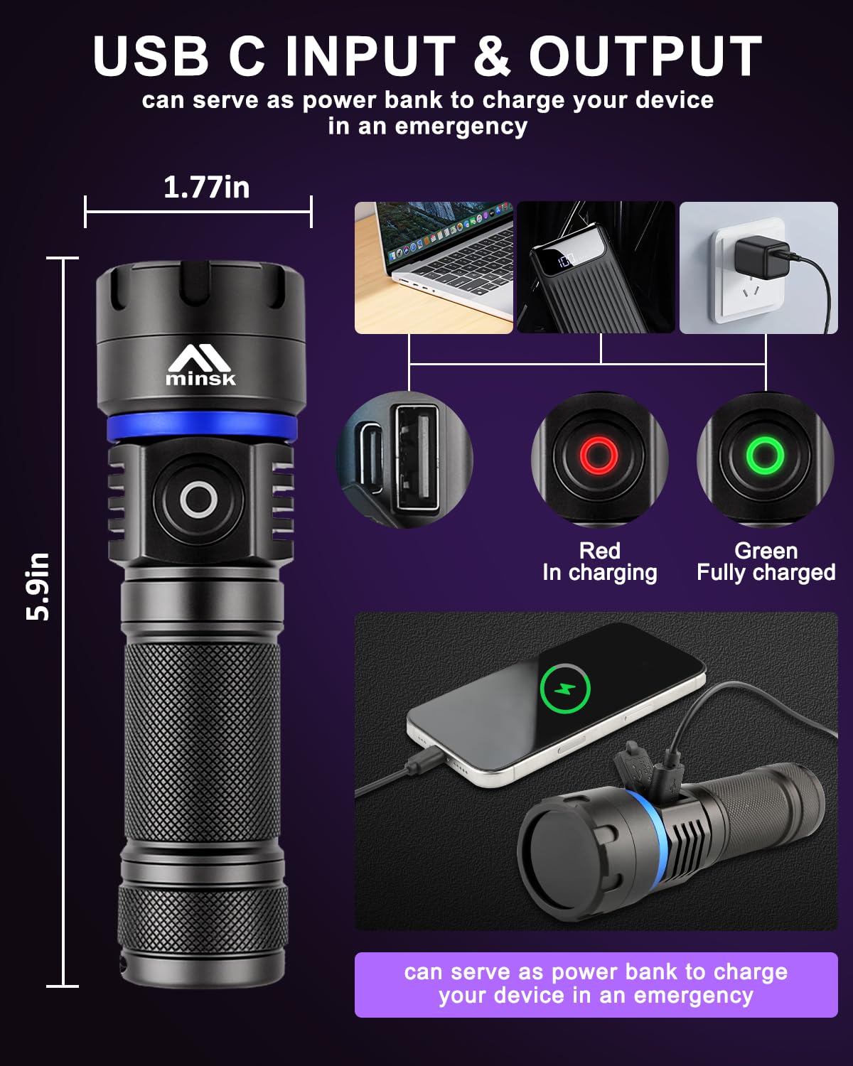 Minsk Black Light 60W, Flashlights High Lumen, Usb C Rechargeable, 2 Modes Powerful Lights For Pet Urine Detection, Resin Curing, Minerals, Blood Tracking, Ac Leak