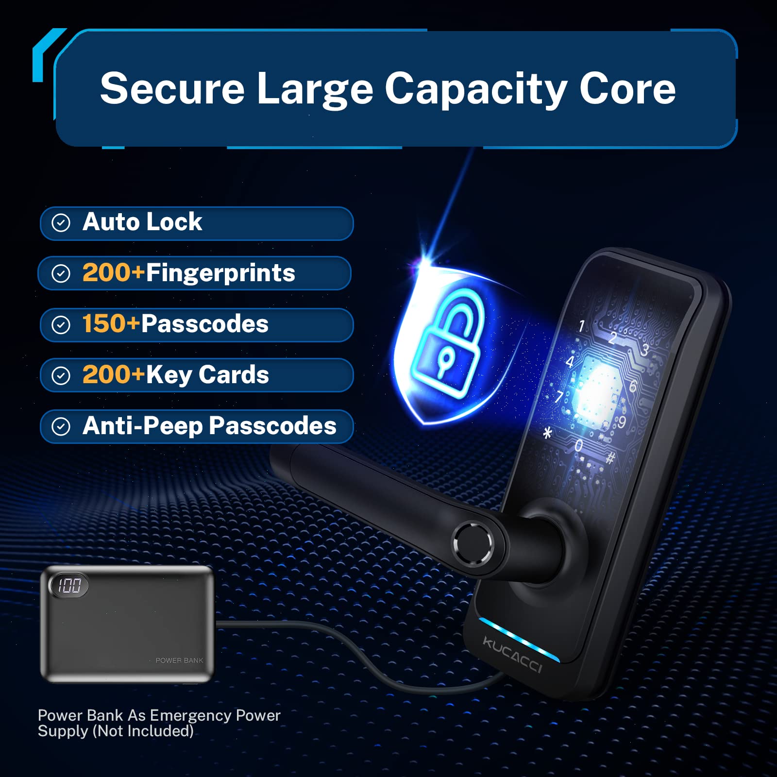 Kucacci Smart Door Lock With Handle: Keyless Entry Digital Door Lock For Front Door - Fingerprint Keypad Smart Dnob - Generate Passcode Remotely - App Control - Easy Installation(Black)