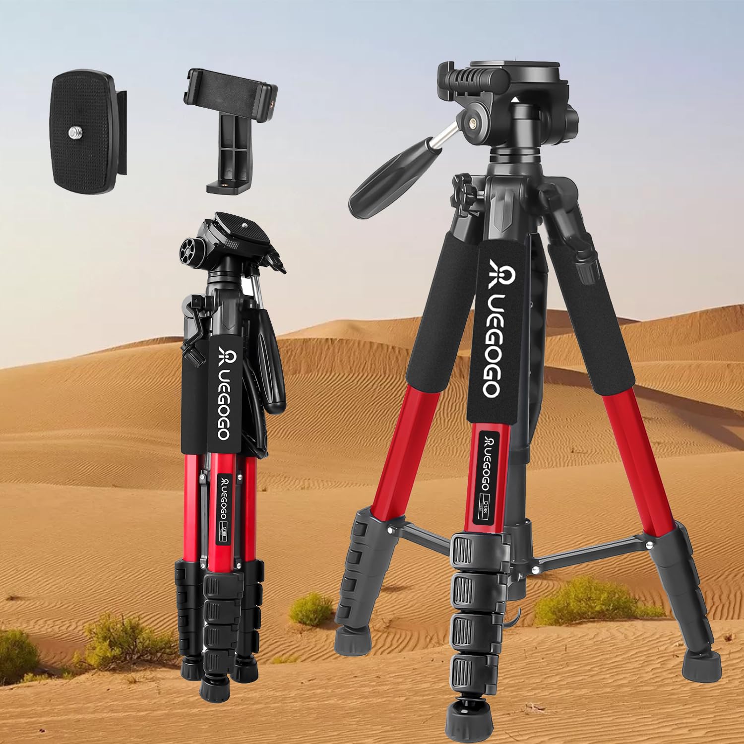 Senndio Red Luminum Professional Tripod With 360° Ball Head, 74 Inch Stand For Camera Slr, Travel Tripod Stand With Phone Holder For Camera